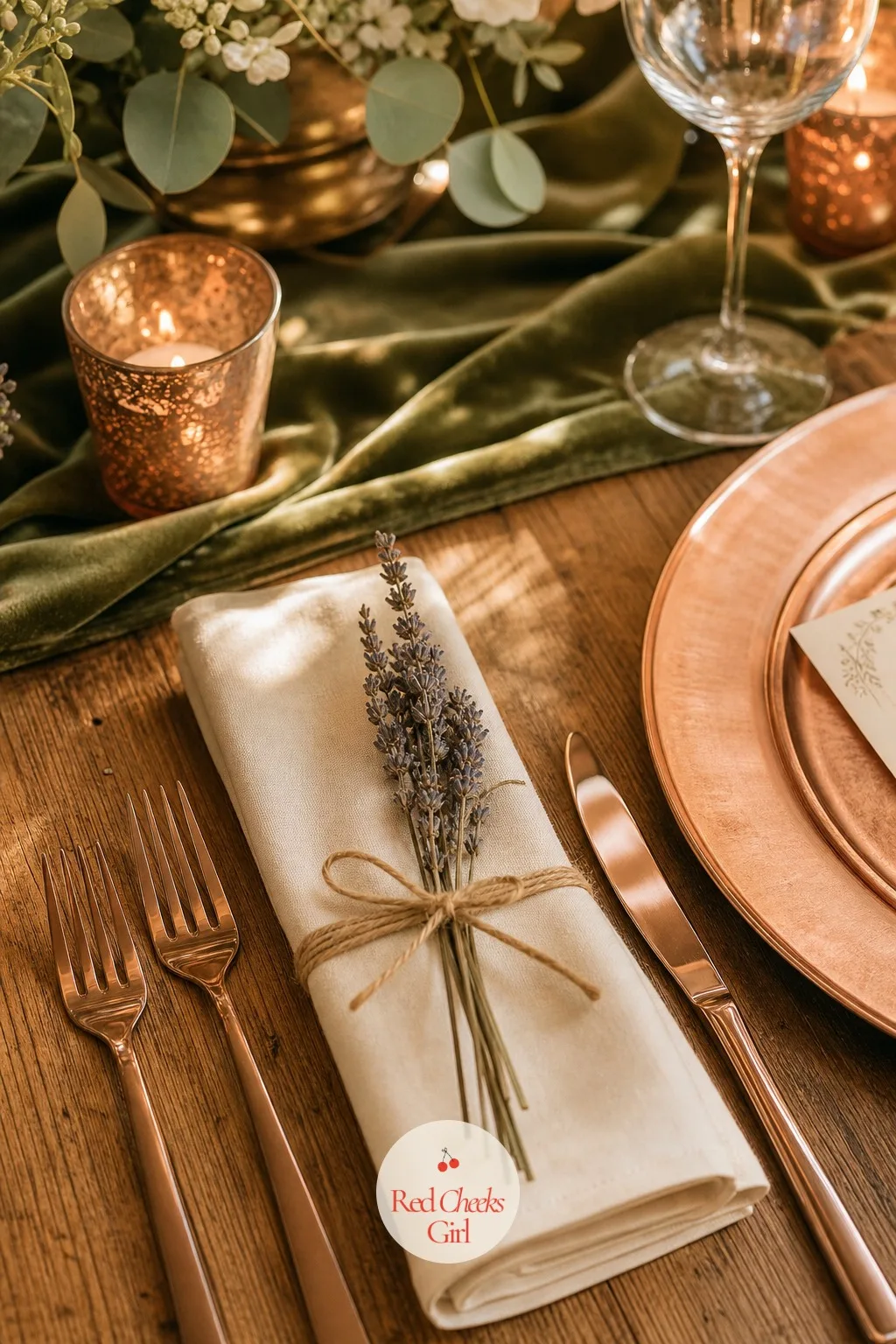 Dried Lavender Tied to Folded Napkins — The small details at each place setting are what guests actually handle, and a sprig of dried lavender tucked under the