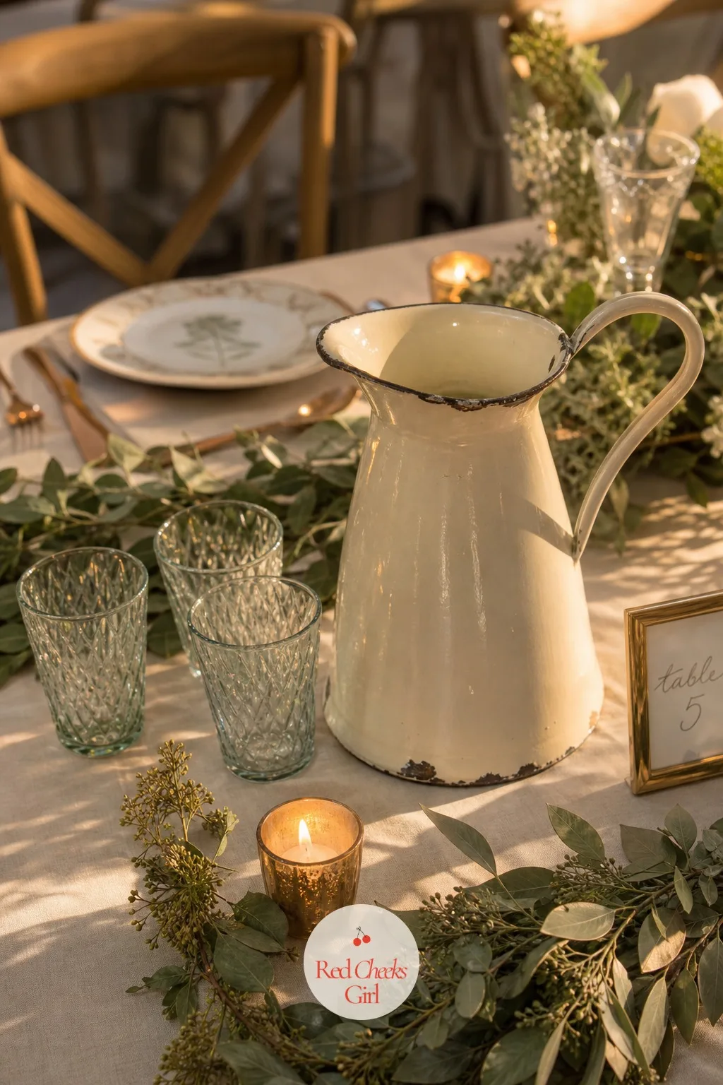 Enamelware Pitchers as Water Carafes — A plastic water pitcher on a beautifully dressed table undoes half the work of everything else on it. Rustic wedding