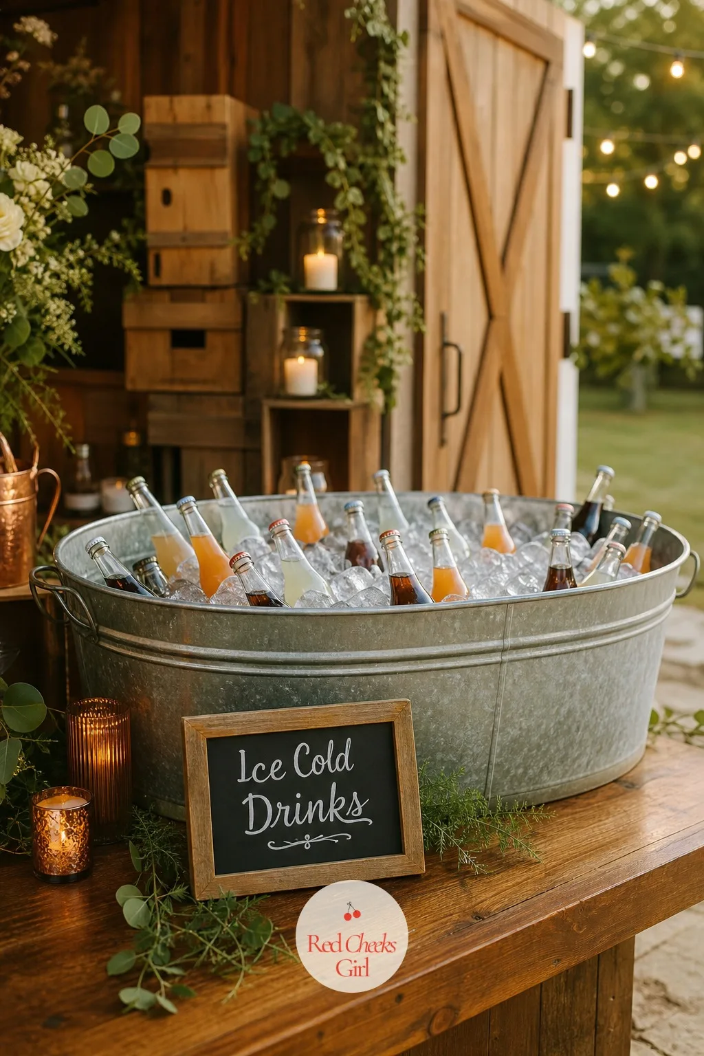 A Galvanized Tub of Iced Bottled Drinks — A cooler with a plastic lid does not belong anywhere near a styled reception, and a large galvanized tub filled with