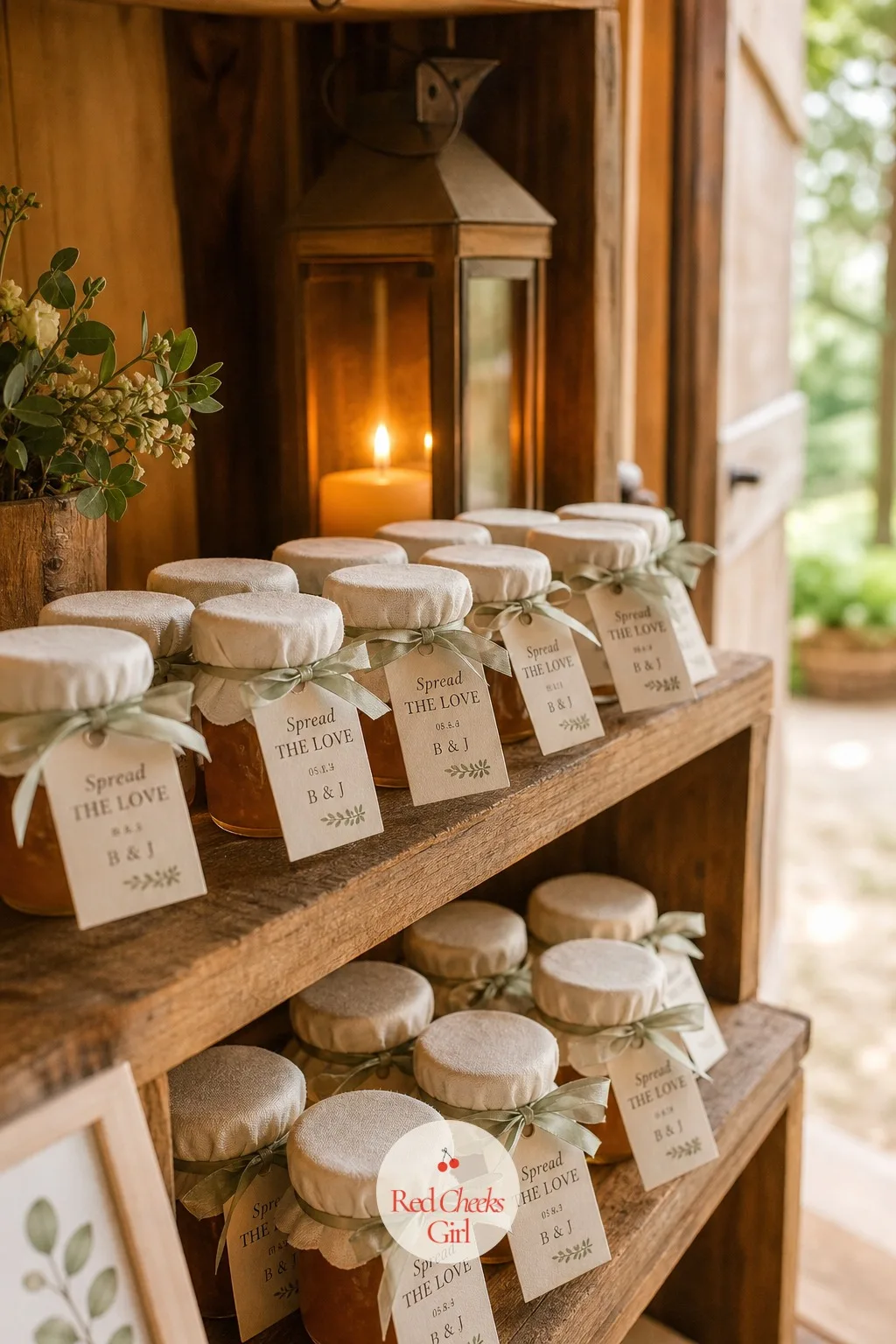 Jam Jar Favors on a Wooden Shelf — A favor guests actually keep beats one they leave on the table at the end of the night, and a small jar of local jam, honey