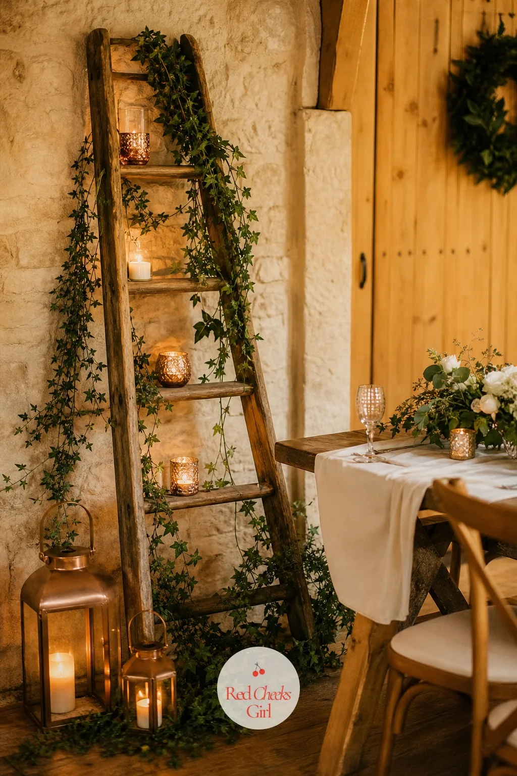 A Ladder Shelf Styled with Candles and Greenery — A wooden ladder, leaned flat against a wall and treated as a set of open shelves, turns an empty corner into