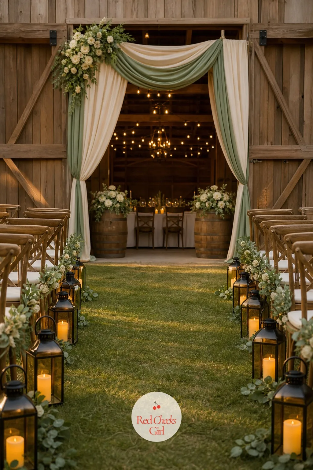 Lantern-Lined Ceremony Aisle — An aisle in full daylight can look flat no matter how good the flowers are. Rustic wedding decor