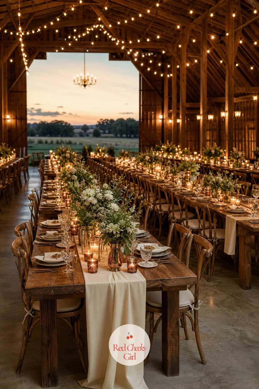 Long Farm Tables Under a Canopy of String Lights — This is the picture everyone saves to their phone: long wooden tables running the length of a barn, a net of