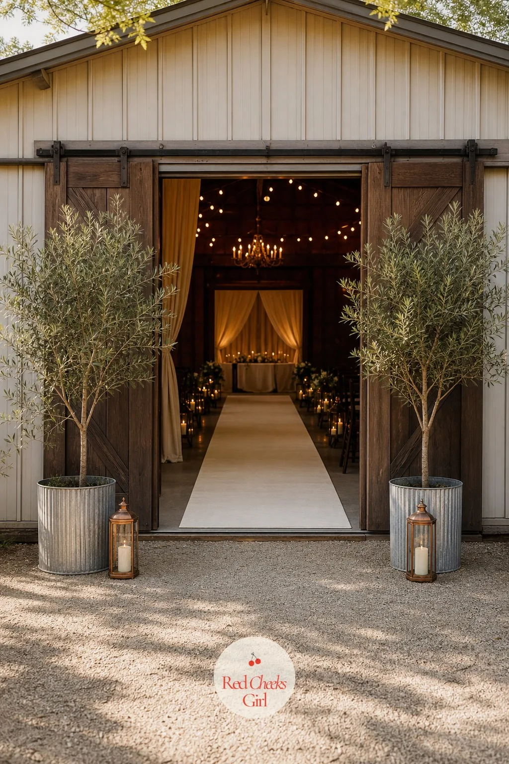 Potted Olive Trees at the Entrance — Guests notice the entrance before they notice anything else, and a pair of potted trees either side of it signals the