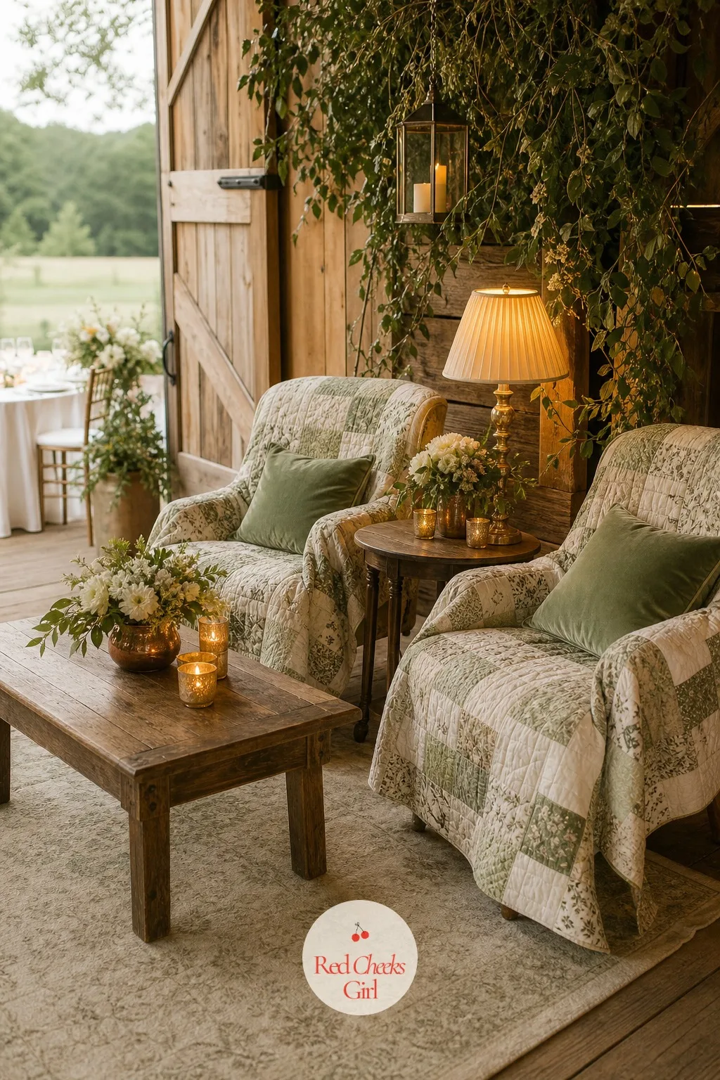 Quilt-Covered Lounge by the Barn Doors — Not every guest wants to sit on a hay bale all night, and a second, softer lounge near the barn doors gives older