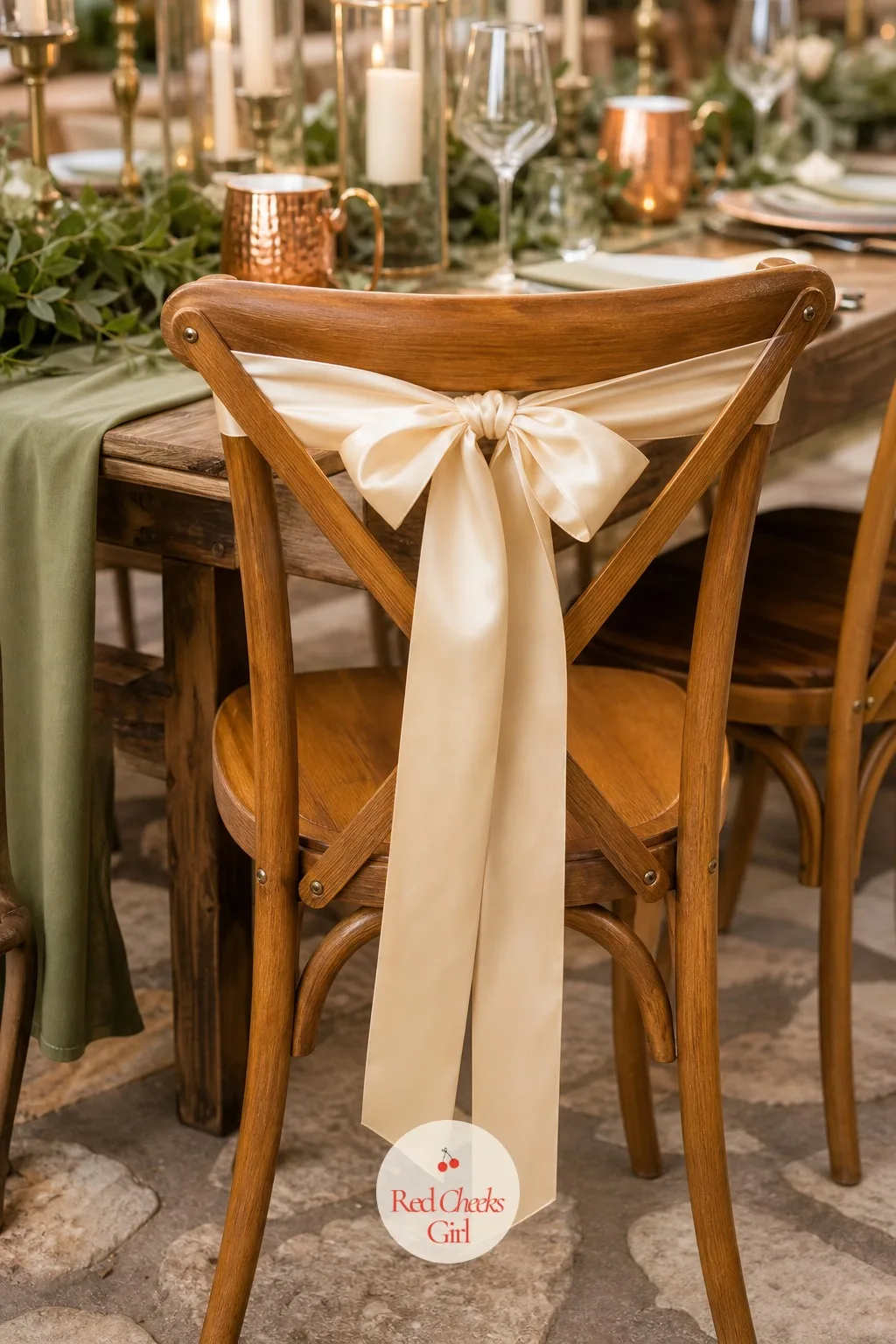 Satin Ribbon Chair Ties — A row of plain wooden chairs down a long table can look unfinished without something to punctuate it, and a simple satin ribbon tied