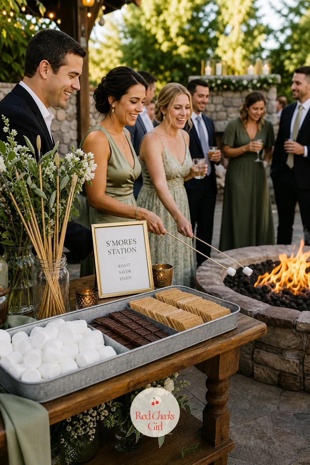 A S'mores Station by a Fire Pit — After cake, guests want something to do with their hands besides holding a drink, and a s'mores station around an actual fire