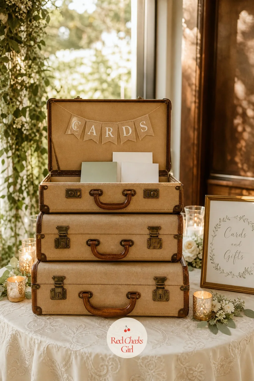 A Vintage Suitcase Stack for Cards and Gifts — A plain cardboard box for cards looks exactly like what it is. Rustic wedding decor