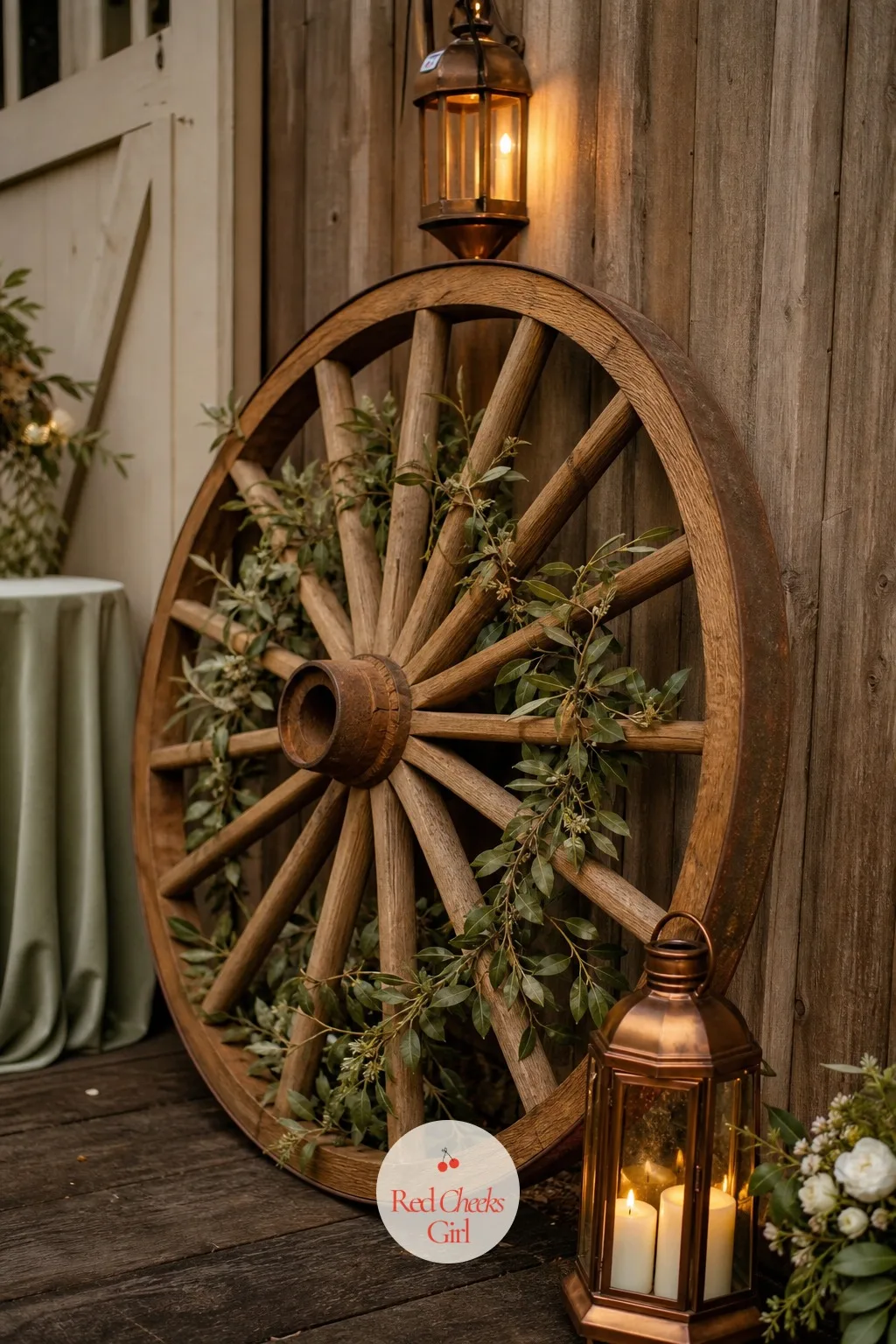 A Wagon Wheel Leaned Against the Barn Wall — A large wagon wheel, simply leaned against a bare stretch of barn wall, fills an empty corner with almost no