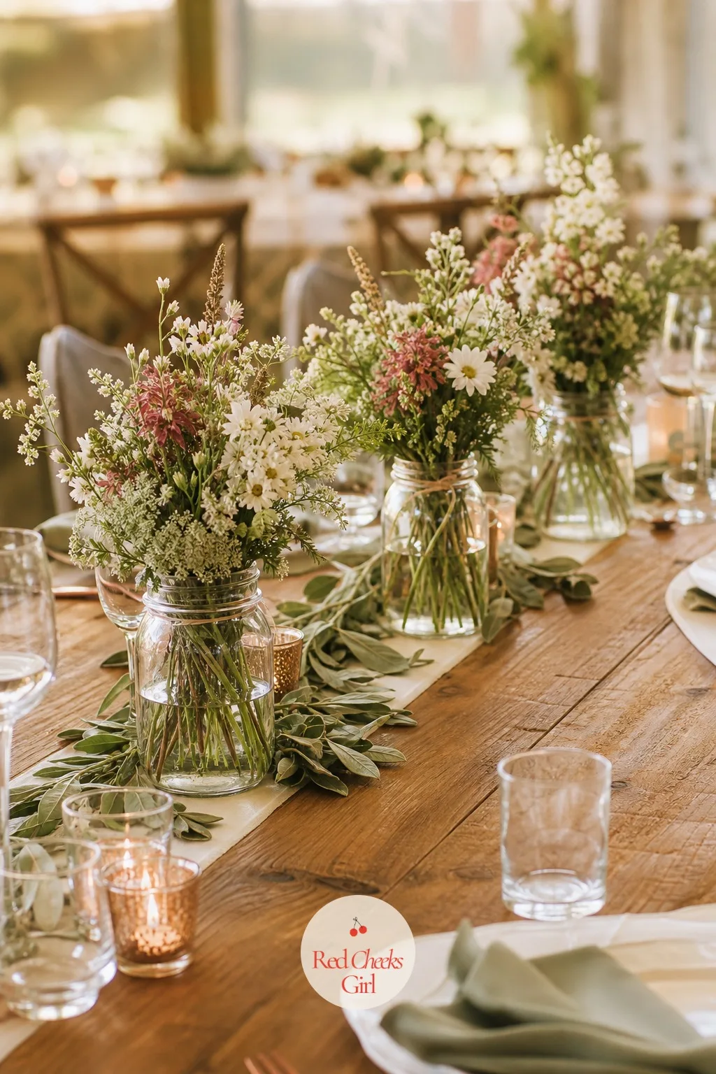 Wildflower Centerpieces in Mason Jars — This is the centerpiece that started the whole rustic wedding look, and it still works because it is genuinely easy to