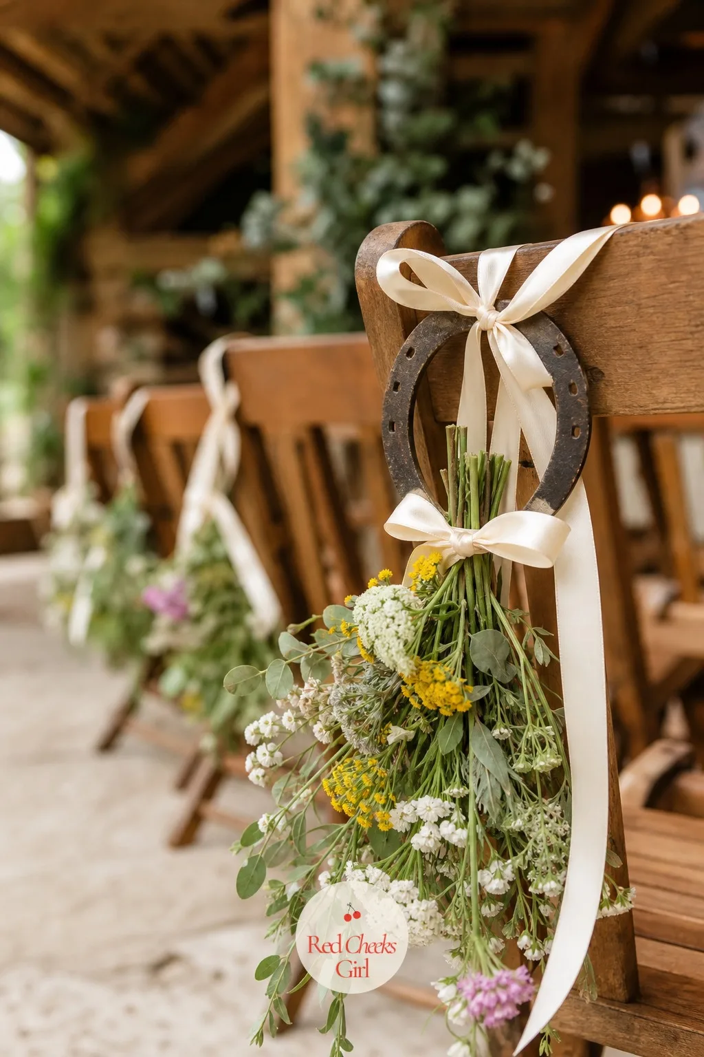 Wildflower and Horseshoe Chair Swags — Plain folding chairs down an aisle read as a rental invoice unless something softens the end of each row. Rustic wedding