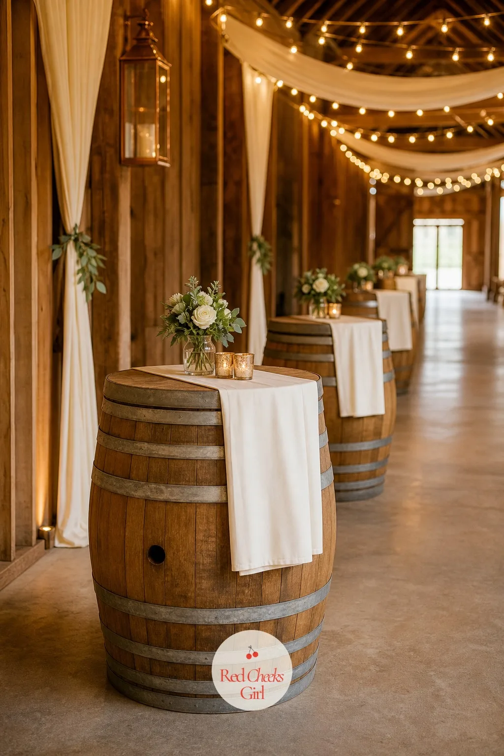 Wine Barrel Cocktail Tables for the Welcome Hour — Guests need somewhere to rest a glass before dinner is called, and a standard cocktail table in black metal