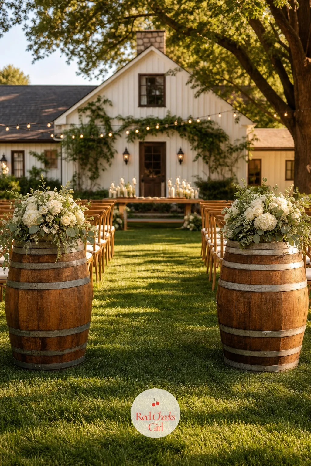 Wine Barrels Flanking the Altar — Two matching barrels either side of where the couple stands give a ceremony a center without a full arch, useful if the venue