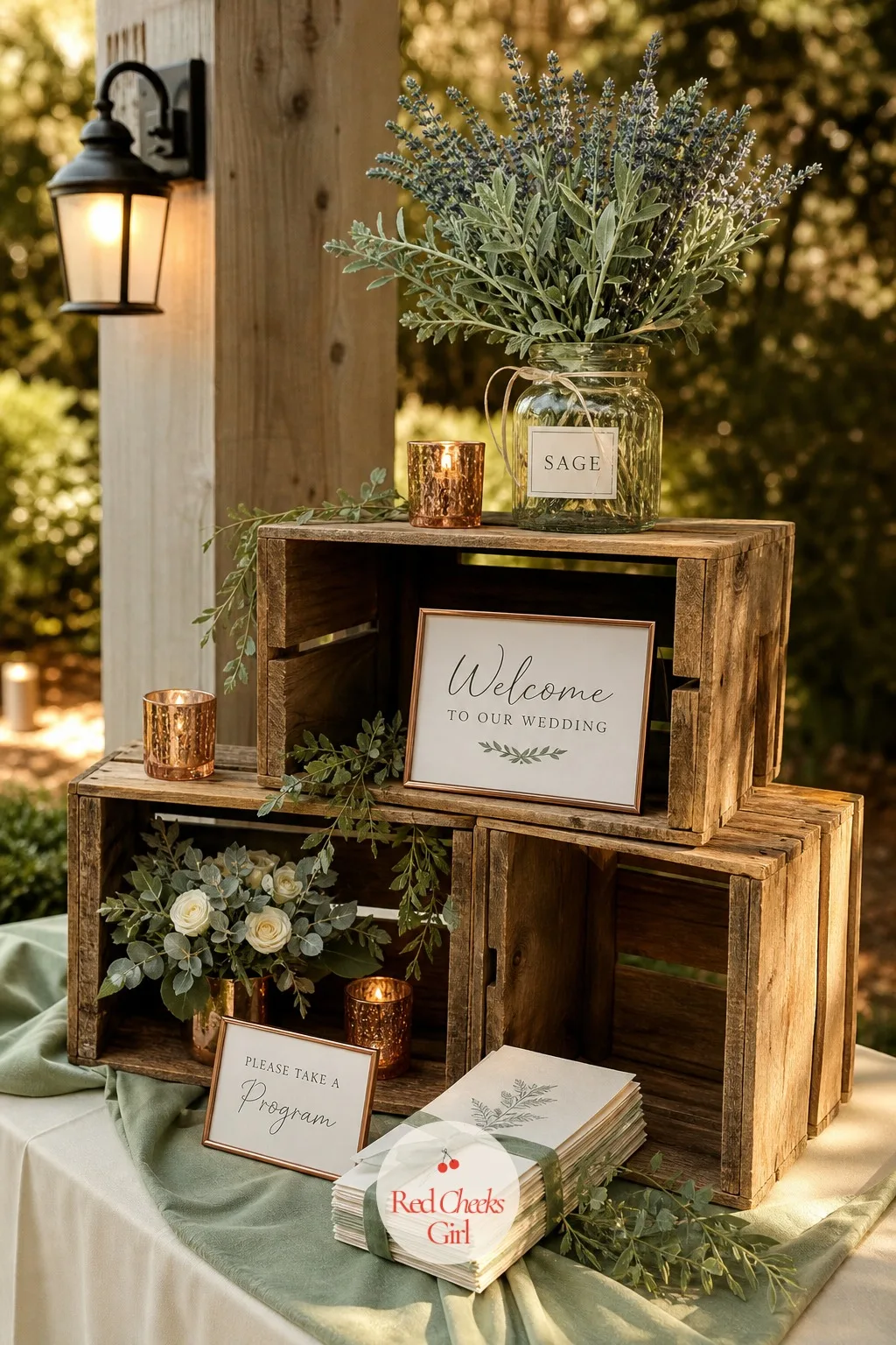 Wooden Crates Stacked as a Display Shelf — A gift table or a welcome table with nothing but a flat cloth looks unfinished, and stacked wooden crates give it