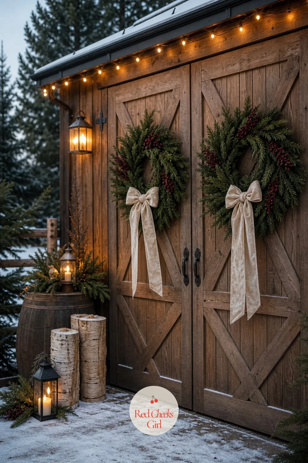 Evergreen and Berry Wreaths on the Barn Doors — The first thing a guest sees pulling up is a pair of closed barn doors, and a bare door reads like nobody got