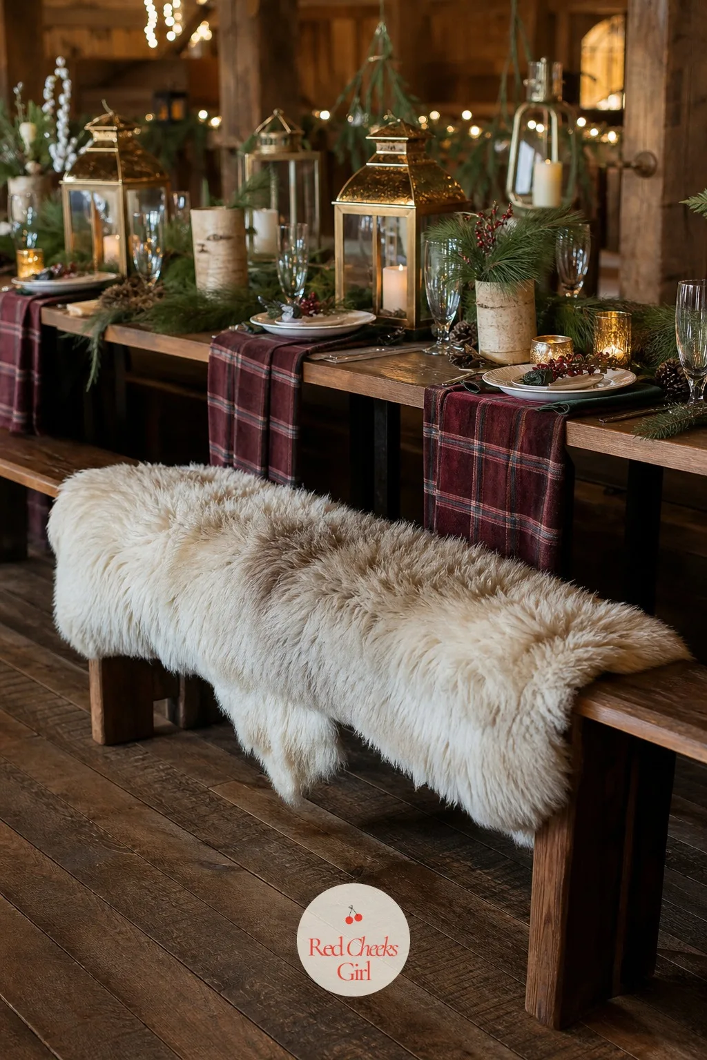Faux Fur Throws on the Benches — Bench seating photographs beautifully and feels cold by the time the toasts start. Rustic winter wedding