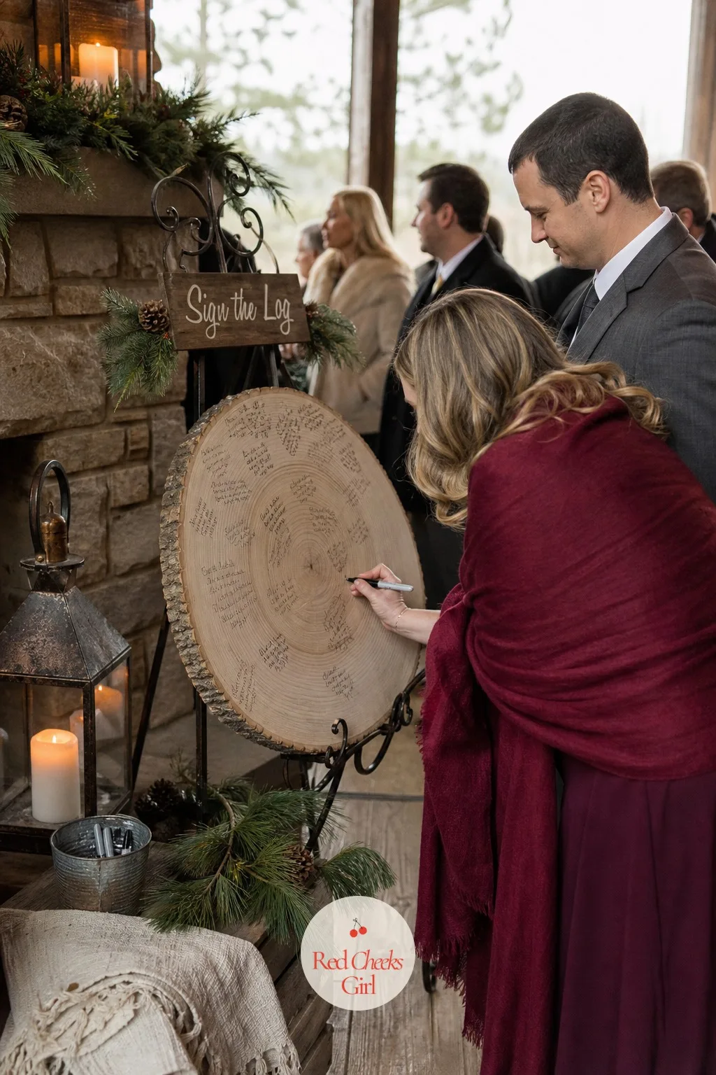 A Guest Book Log Round — A traditional guest book disappears into a drawer by the following week. Rustic winter wedding