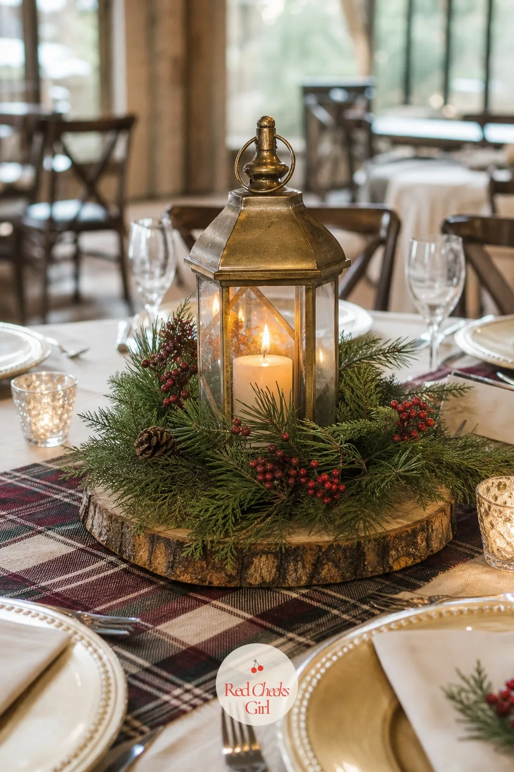 Lantern and Evergreen Centerpieces — A tall centerpiece blocks conversation across a long table, so this one stays low and sits right on the runner. Rustic