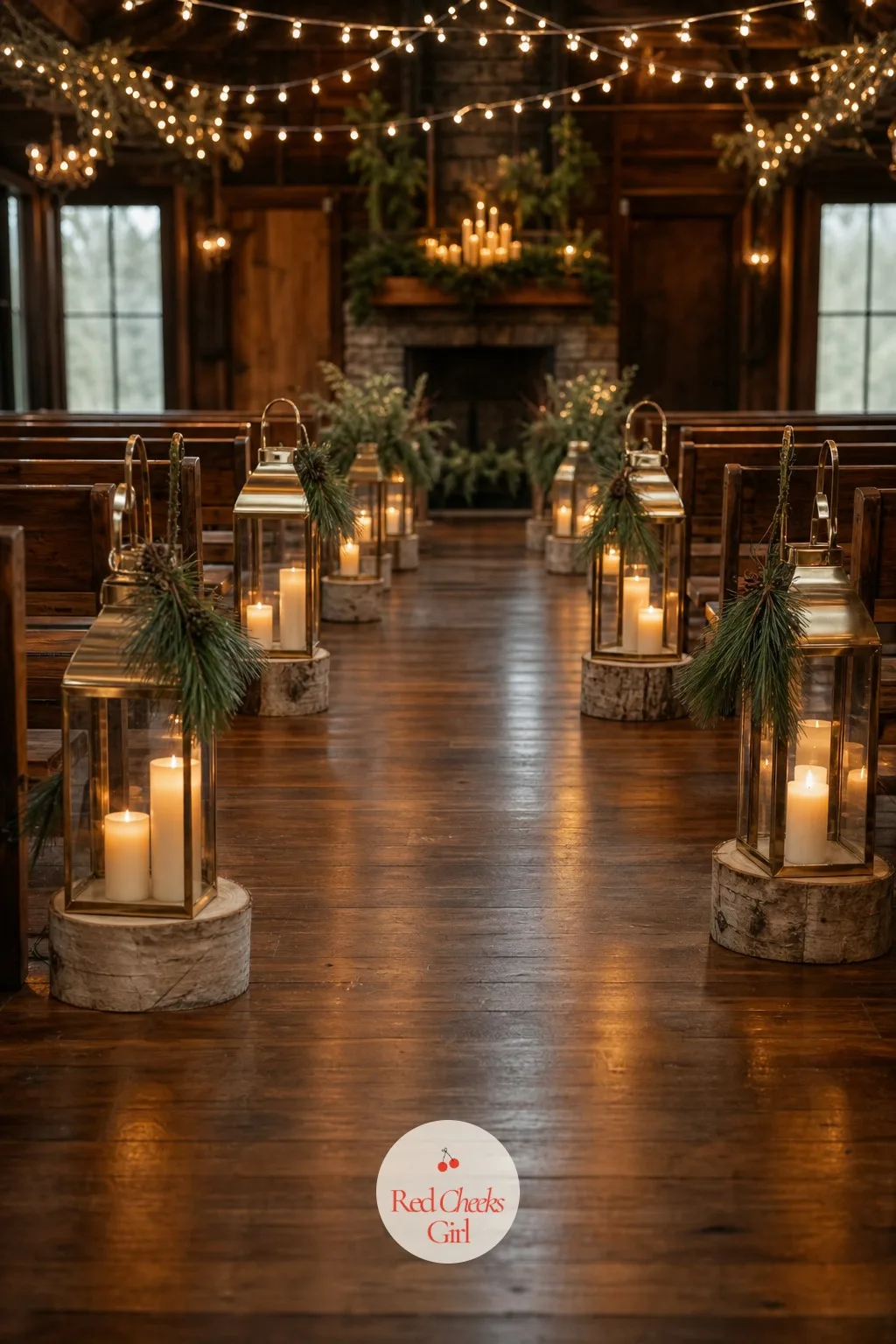 Lantern-Lit Aisle — A cabin ceremony after the light drops needs more than a bare wood floor between the rows. Rustic winter wedding