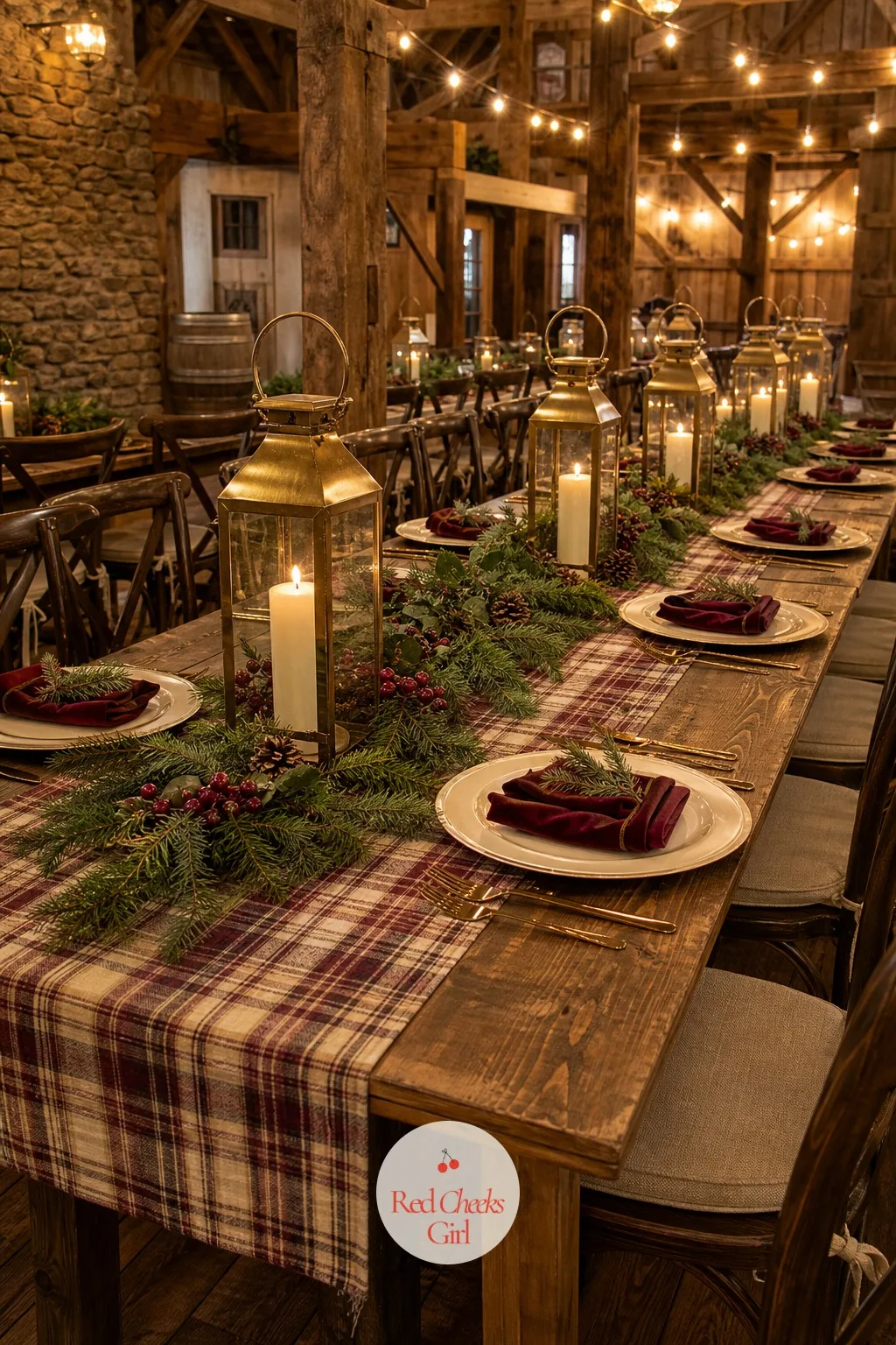 Long Wooden Tables with Plaid Runners — Long farmhouse tables set the tone for the whole reception before a single plate goes down. Rustic winter wedding