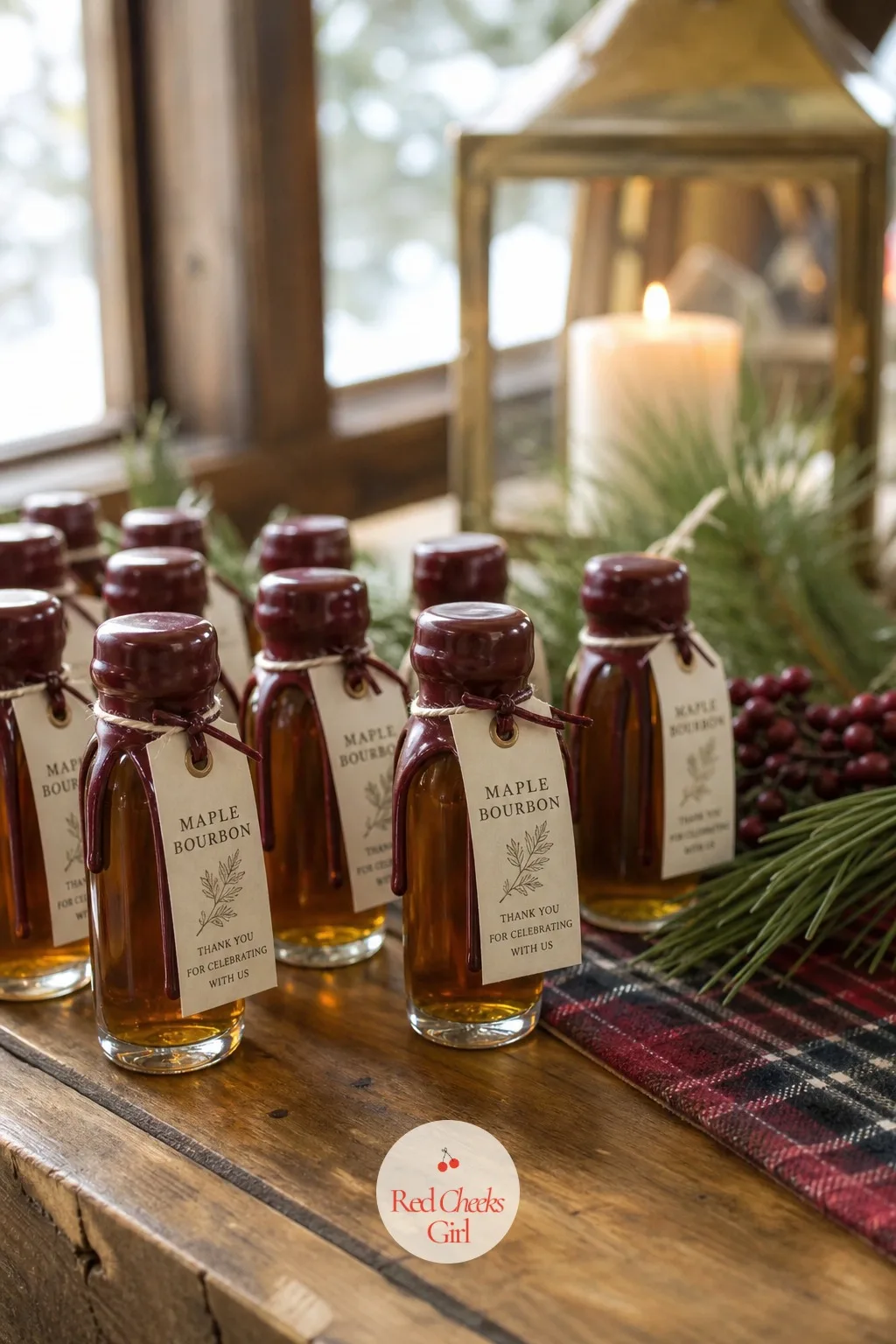 A Maple Bourbon Mini Bottle Favor — For the half of the guest list the socks will not win over, a small bottle does the same job in a different language.
