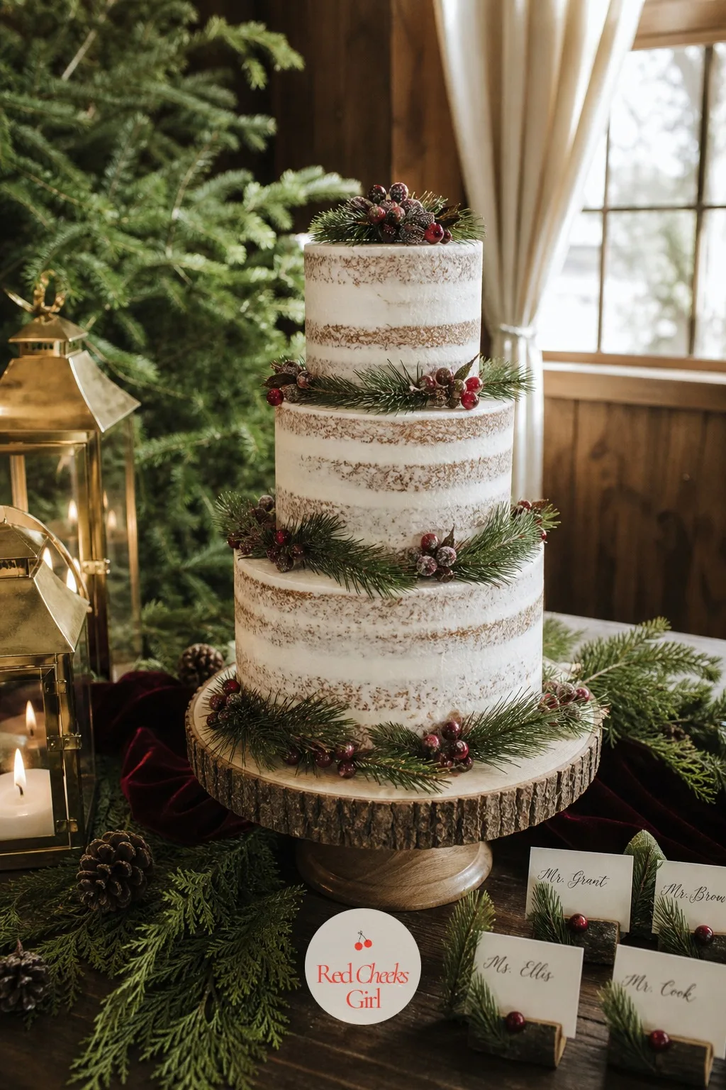 The Naked Cake with Pine and Berries — The cake table works best as its own small scene, standing apart from the dance floor so it photographs against