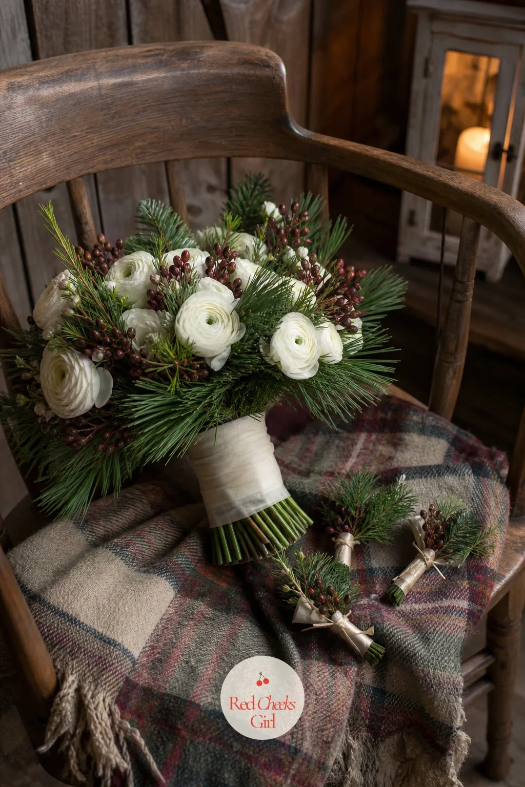 Pine and Berry Bouquet and Boutonnieres — Personal flowers are the ones that travel through every photo of the day, so they carry the palette more than