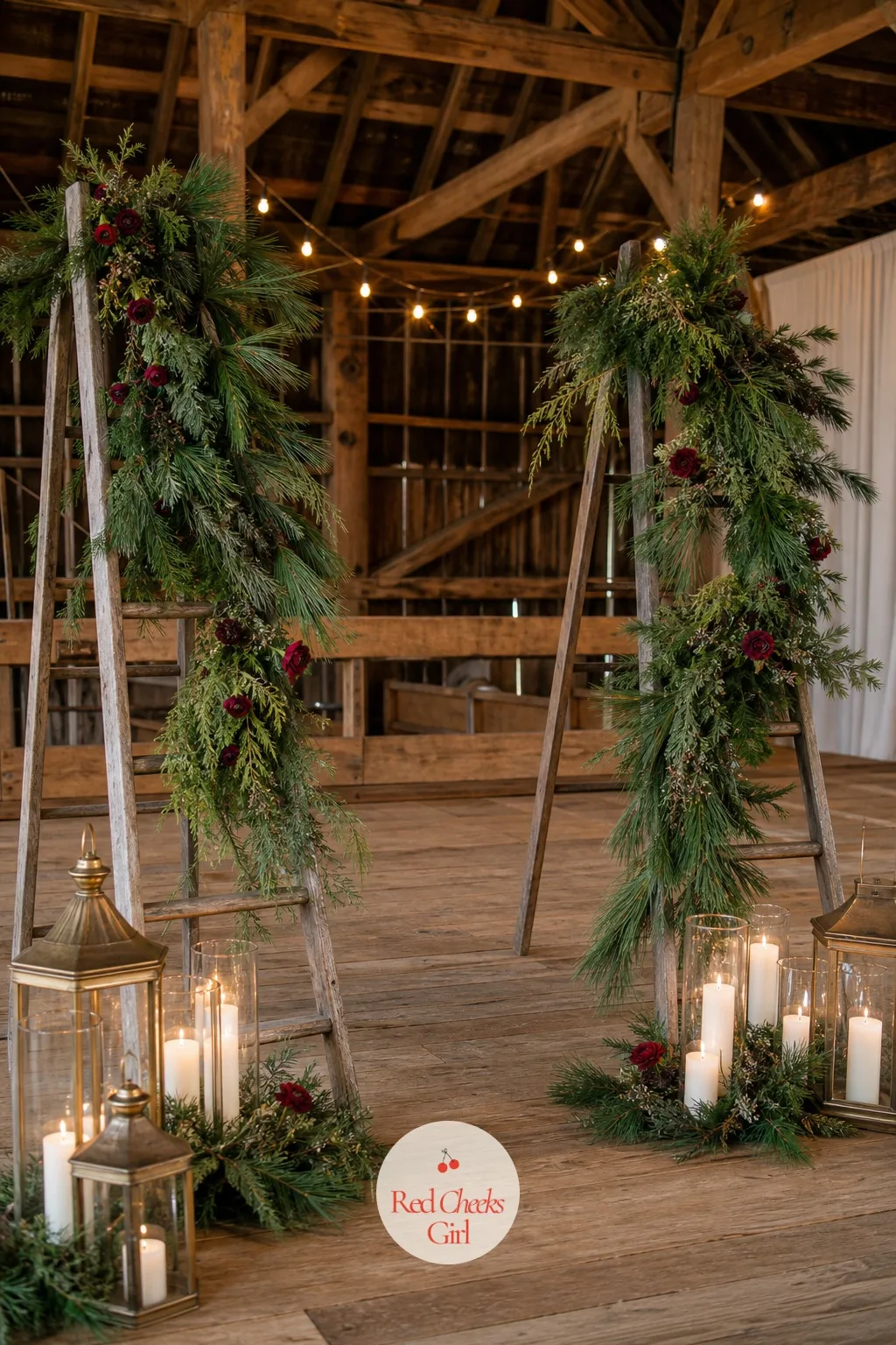The Pine Branch and Candlelight Altar — A bare barn beam at the front of an aisle looks like an afterthought. Rustic winter wedding