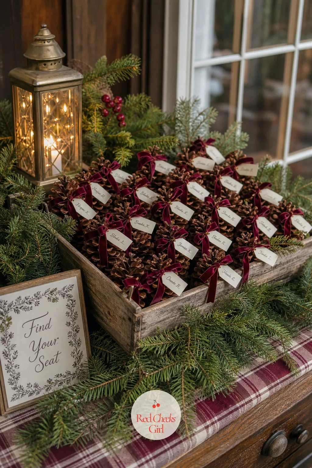 Pine Cone Escort Cards — A seating chart taped to a door is forgettable. Rustic winter wedding