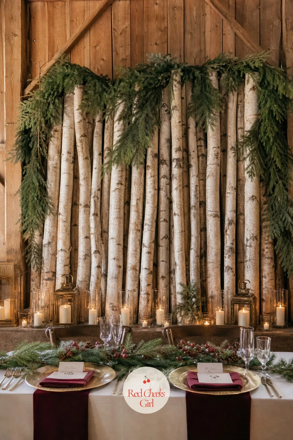 Sweetheart Table Backdrop of Birch Logs and Pine — The couple's own table deserves to look different from the rest of the room, not just bigger. Rustic winter