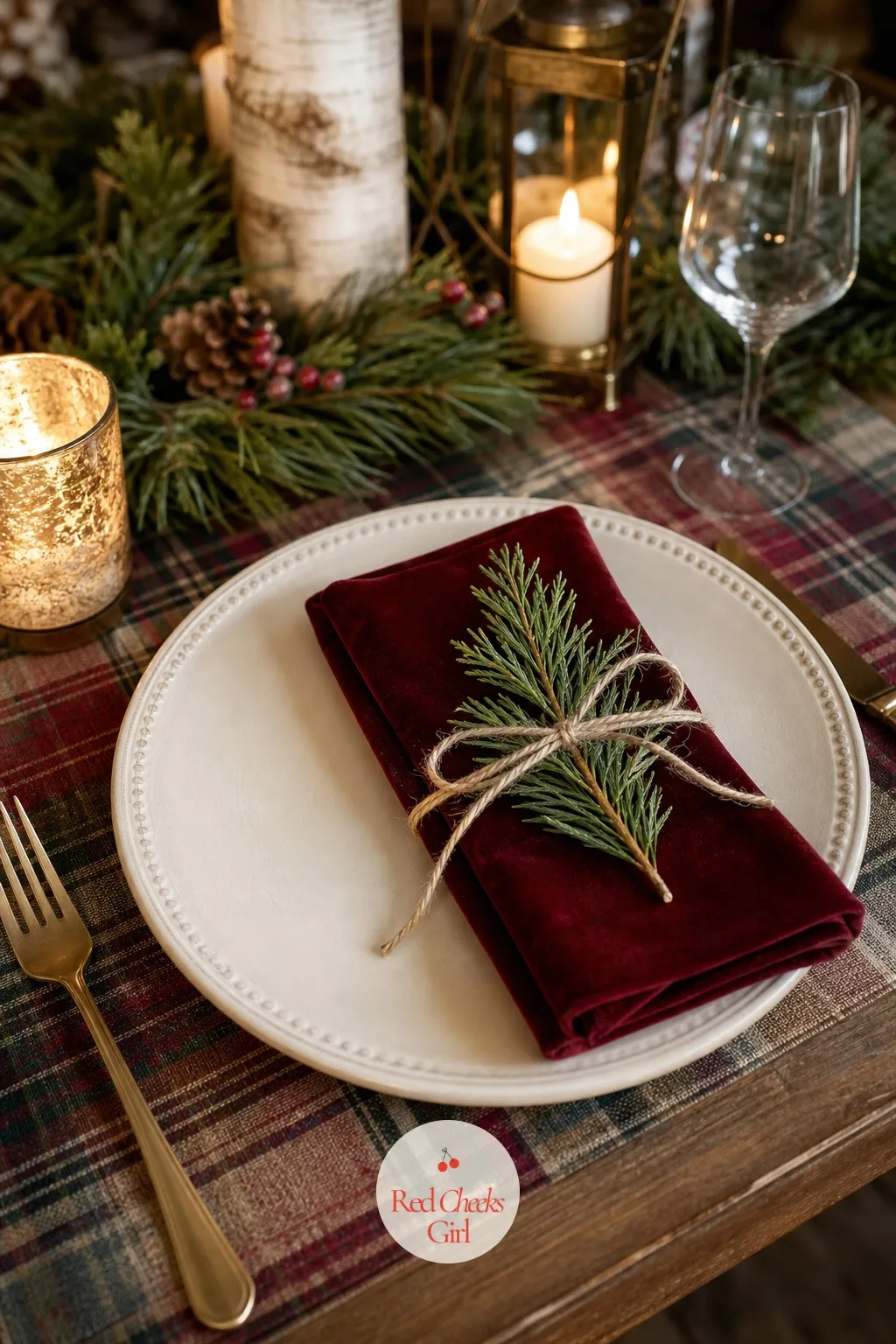 Velvet Napkins Tied with Twine and a Sprig of Pine — A napkin should feel like part of the gift the guest is about to open, not something grabbed off a stack.