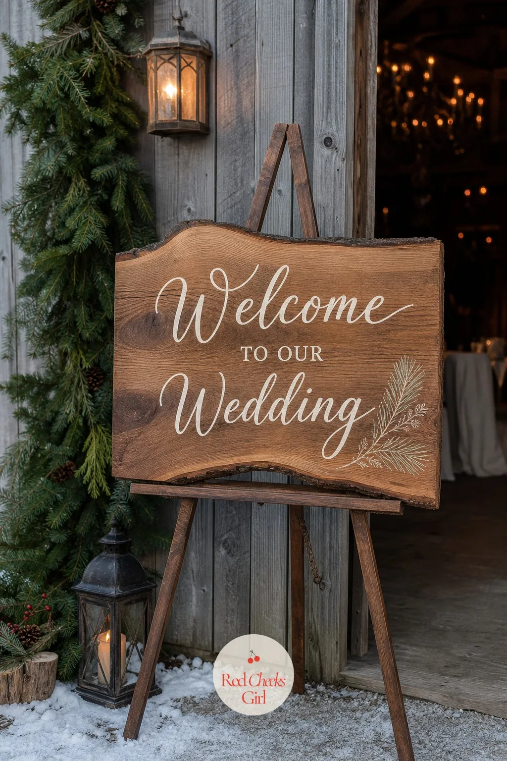 A Wood Slab Welcome Sign — Guests arriving need somewhere to look before they find their seats, and a bare entrance just makes them stand around looking lost.
