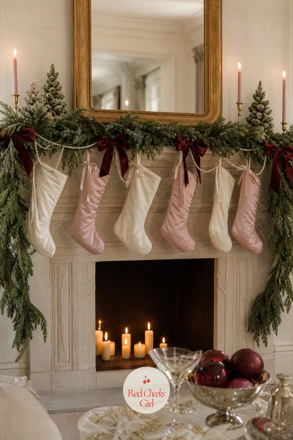 The Mantel — A bare mantel is the one thing a guest's eye goes to first, so give it the full treatment: garland, stockings, bows, and a string of pearls draped