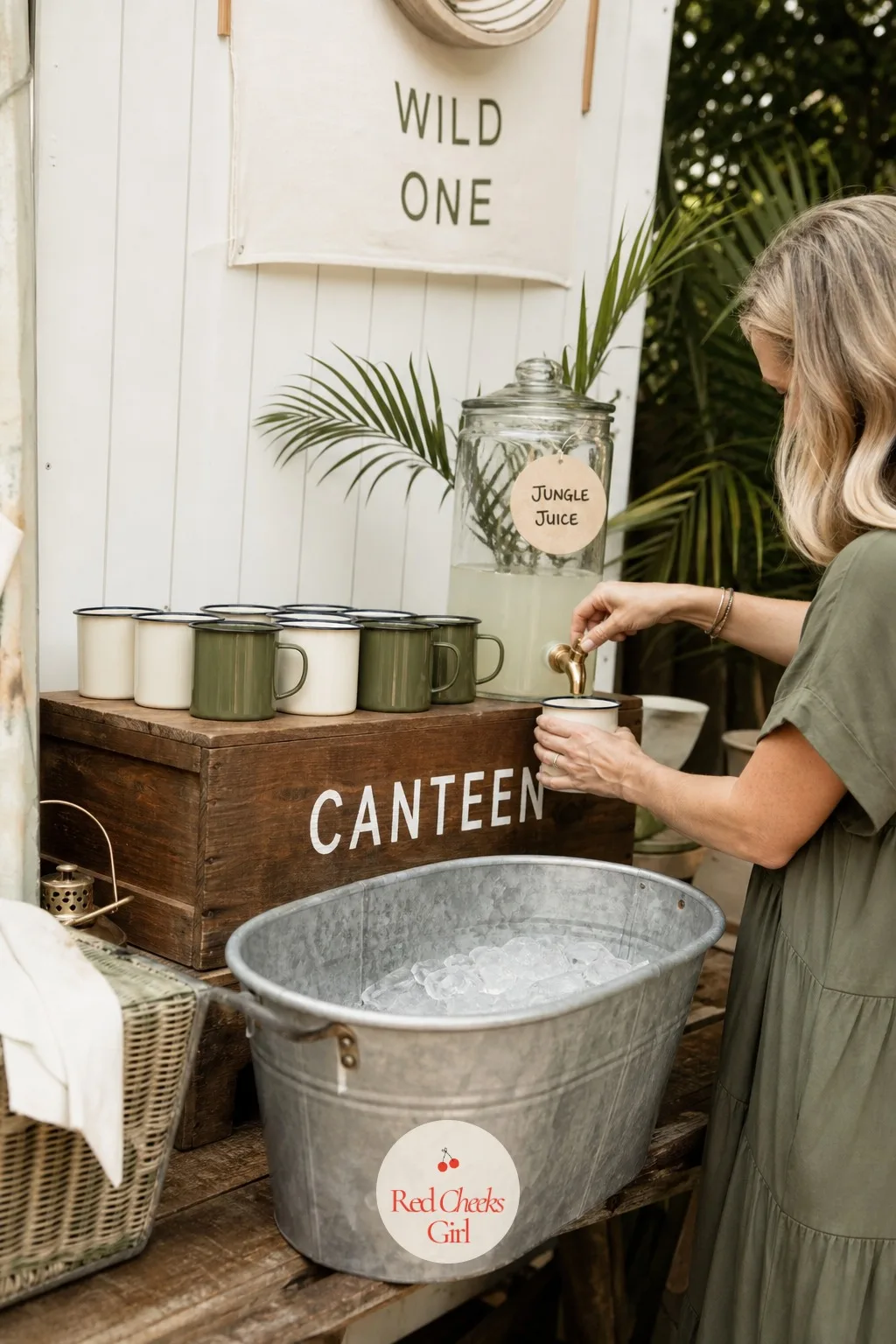 Canteen Drink Station — Letting guests pour their own drinks keeps the hosting plate lighter and the main table less crowded. Safari first birthday party