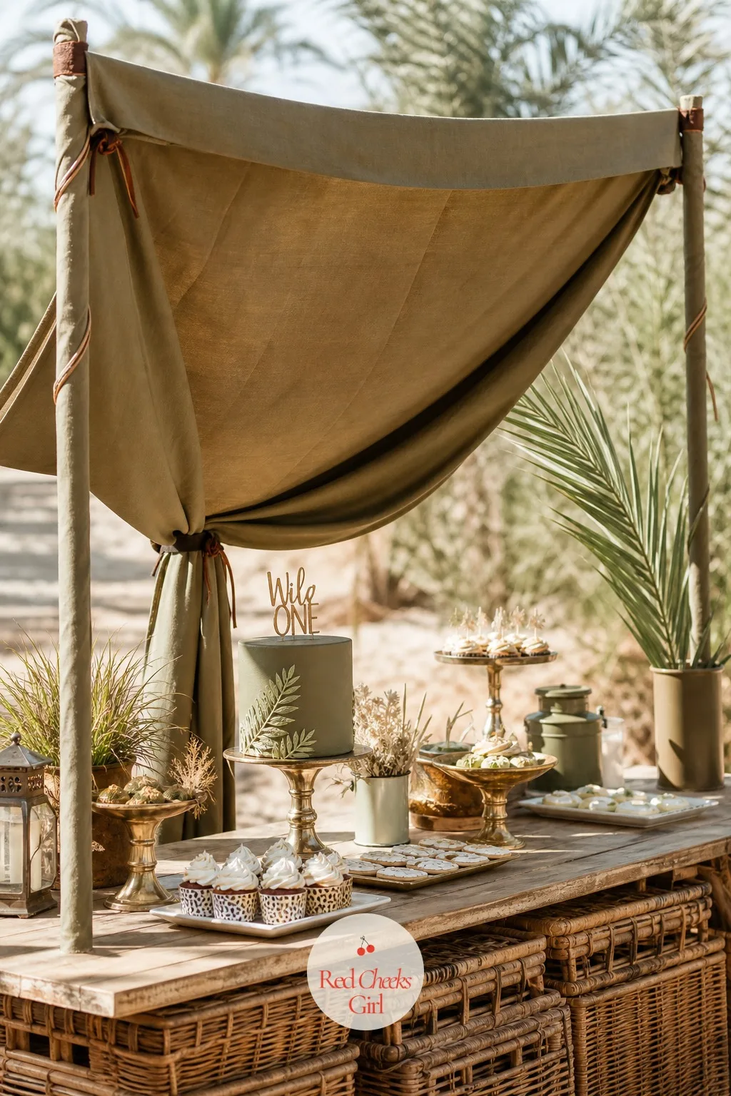 Canvas Tent Canopy Over the Dessert Table — An open table under bright overhead light can look flat in every photo taken of it. Safari first birthday party