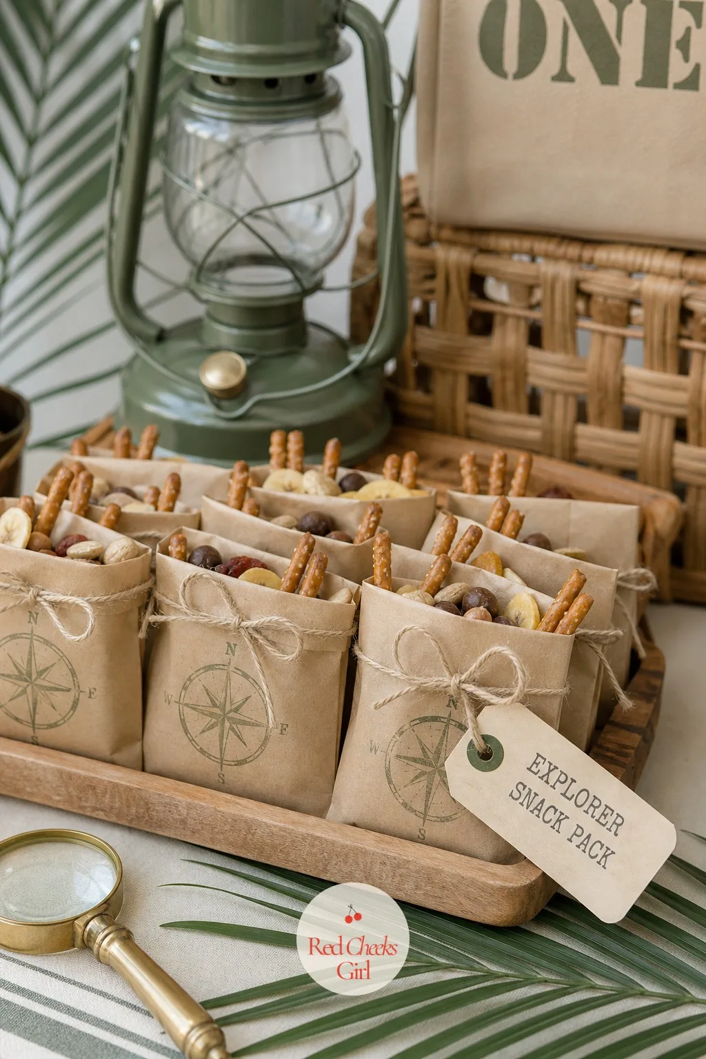 Explorer Snack Packs — A snack that actually gets eaten beats a favor that sits untouched on the hall table for weeks. Safari first birthday party