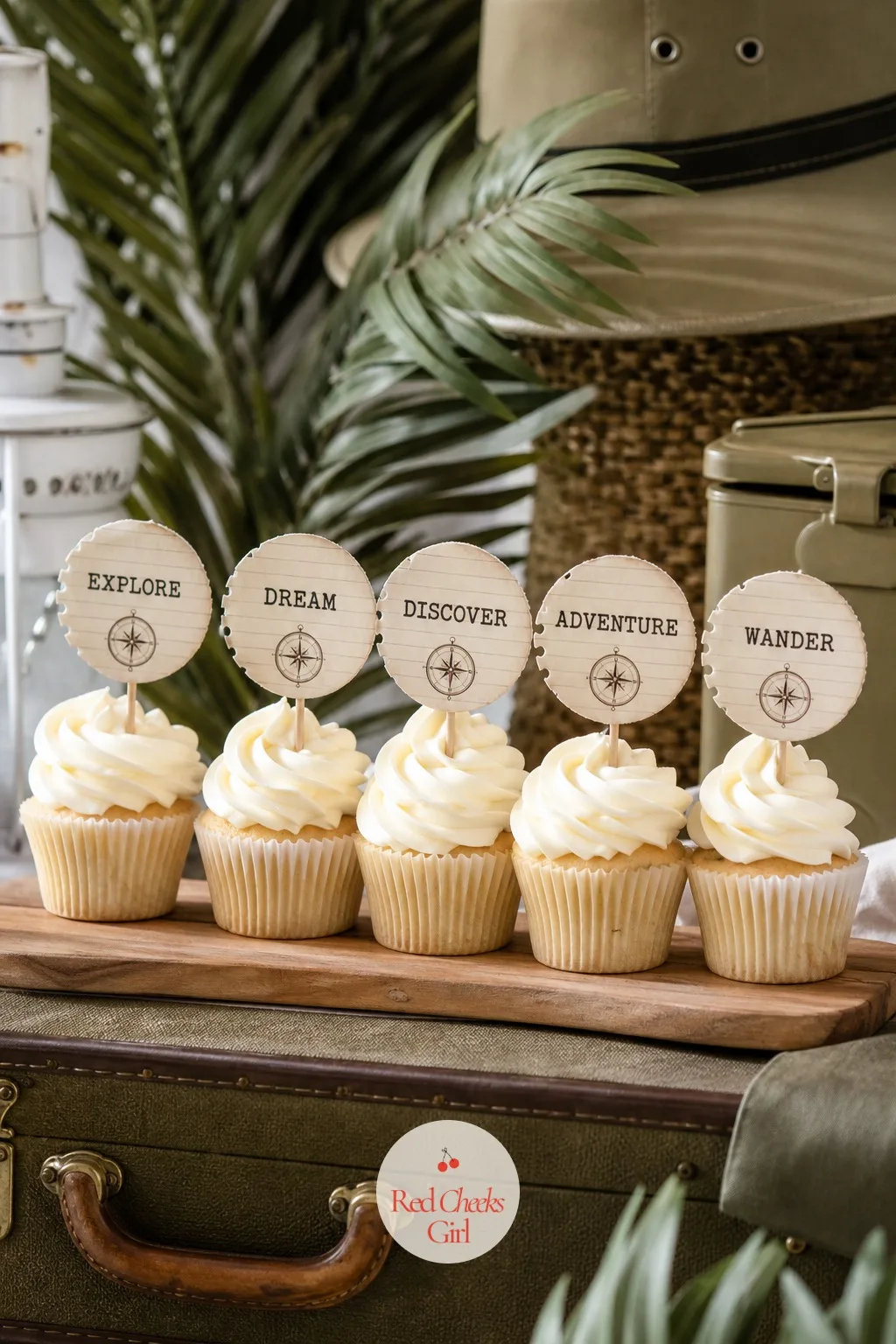 Field Journal Cupcake Toppers — Plain cupcakes disappear next to a bigger cake, so give them a small reason to be looked at twice. Safari first birthday party