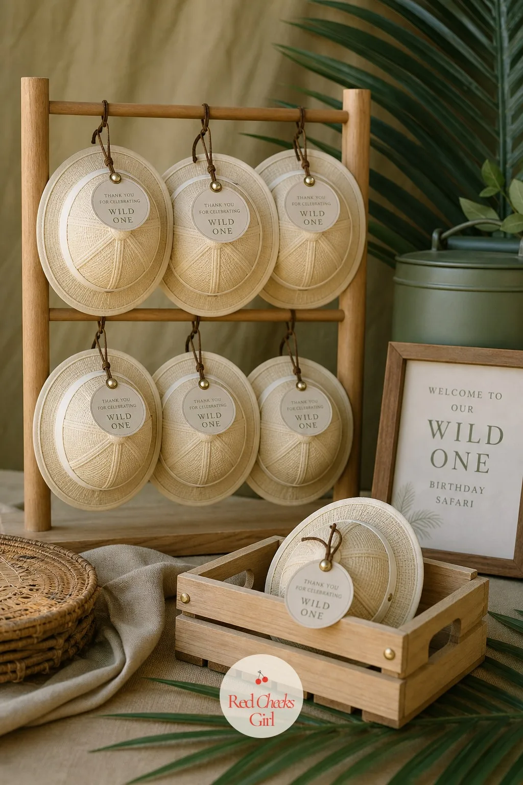 Mini Explorer Hat Favors — A dress up piece guests can actually wear beats a sticker sheet that ends up in the recycling by Monday. Safari first birthday party