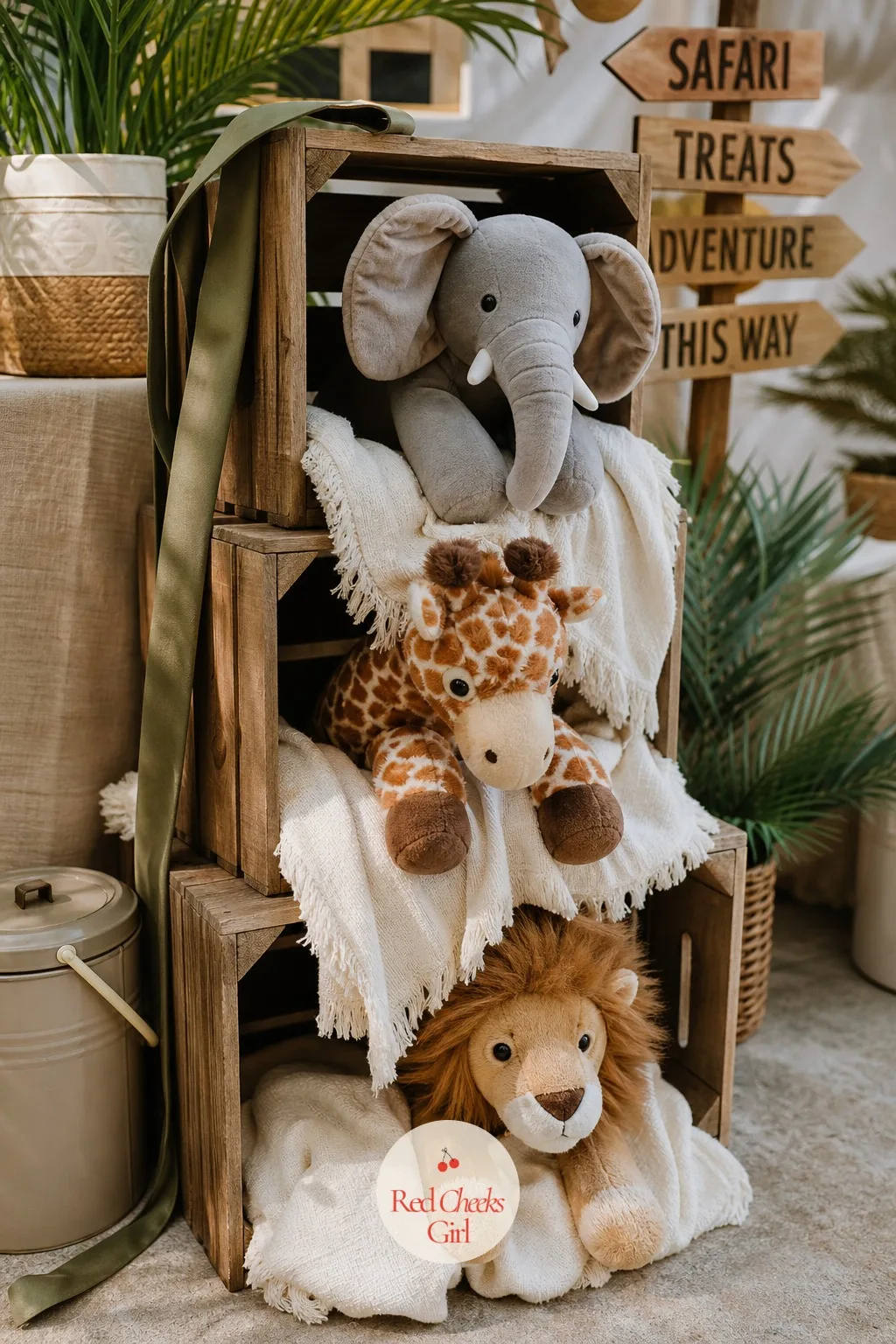 Plush Animals Peeking Out of Crates — Cartoon jungle shouts; this version keeps its voice down and still gets noticed. Safari first birthday party