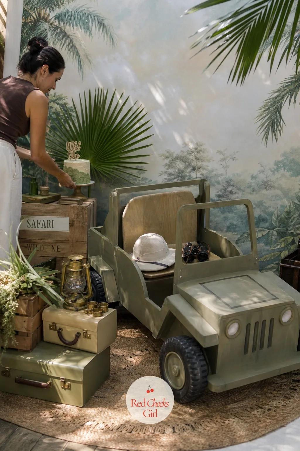 Safari Jeep Photo Corner — One backdrop for the whole room is plenty, but a second, smaller moment gives guests a reason to take a picture that isn't just of