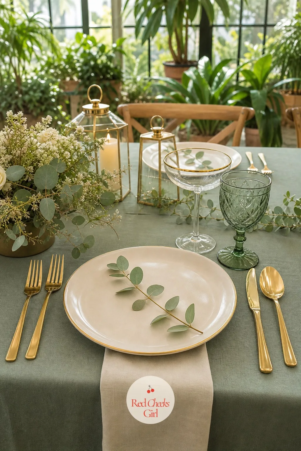 Eucalyptus on Each Plate — A bare plate before the food arrives always looks like it is waiting for something, and a single stem fixes that in seconds. Sage