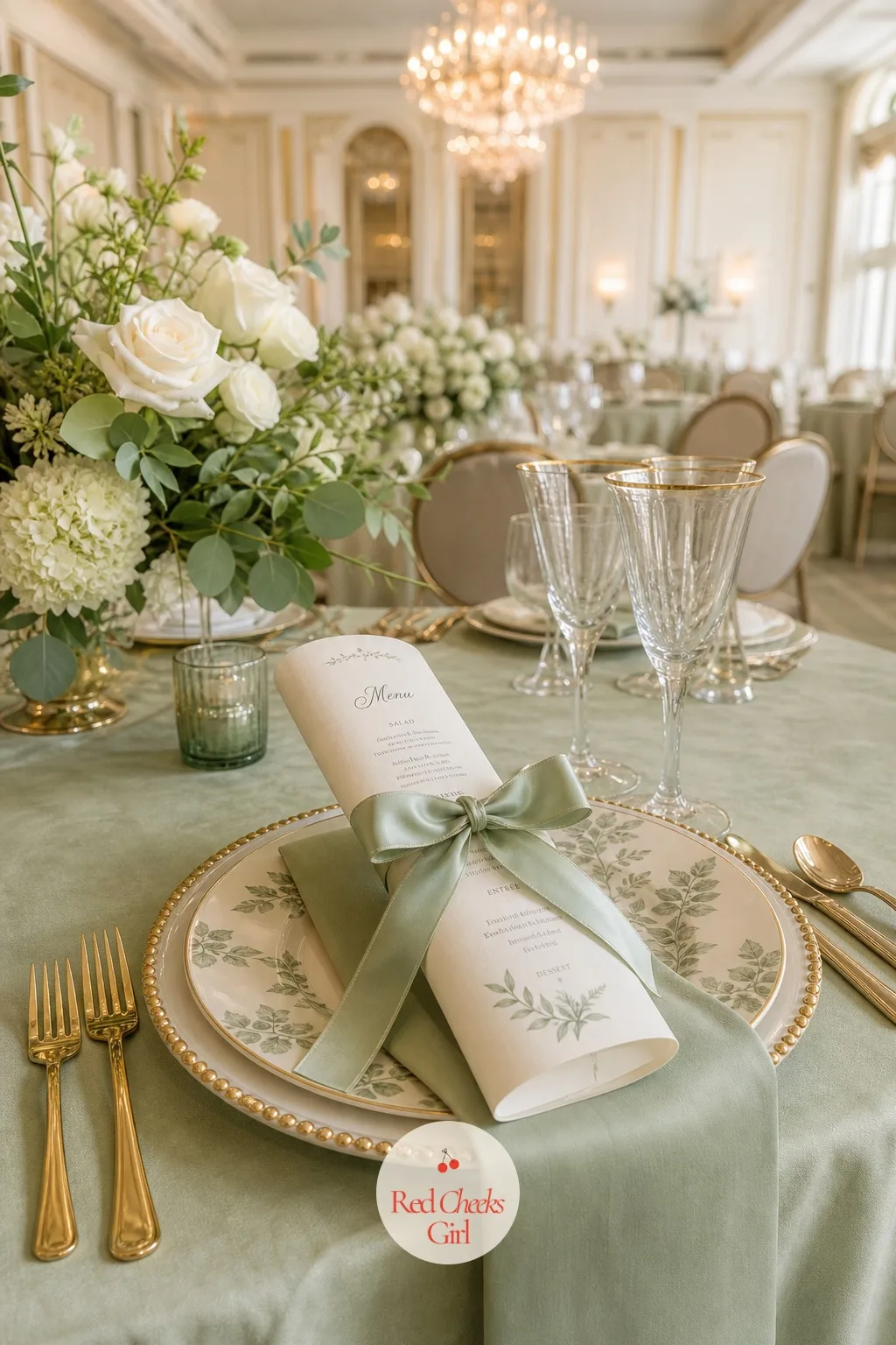 Menu Card Tied With Sage Ribbon — A menu card gives a guest something to do with her hands in the quiet minute before the first course arrives. Sage green