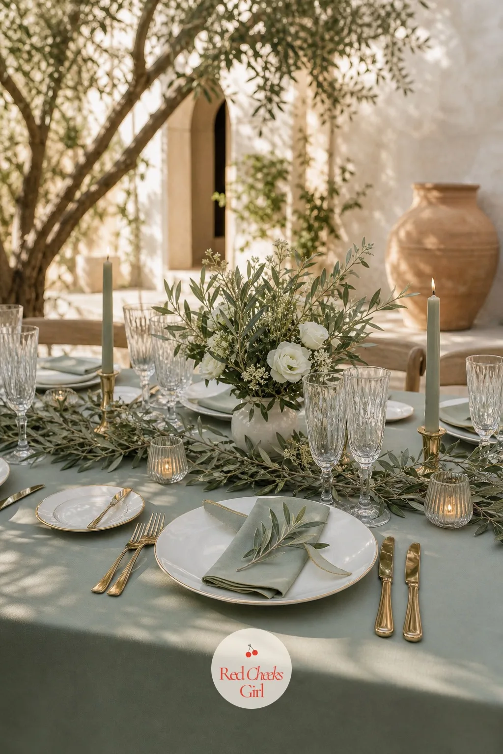 Olive Branch Sprig at Each Setting — Olive leaves read a shade darker and more matte than eucalyptus, and against sage the two greens sit together without
