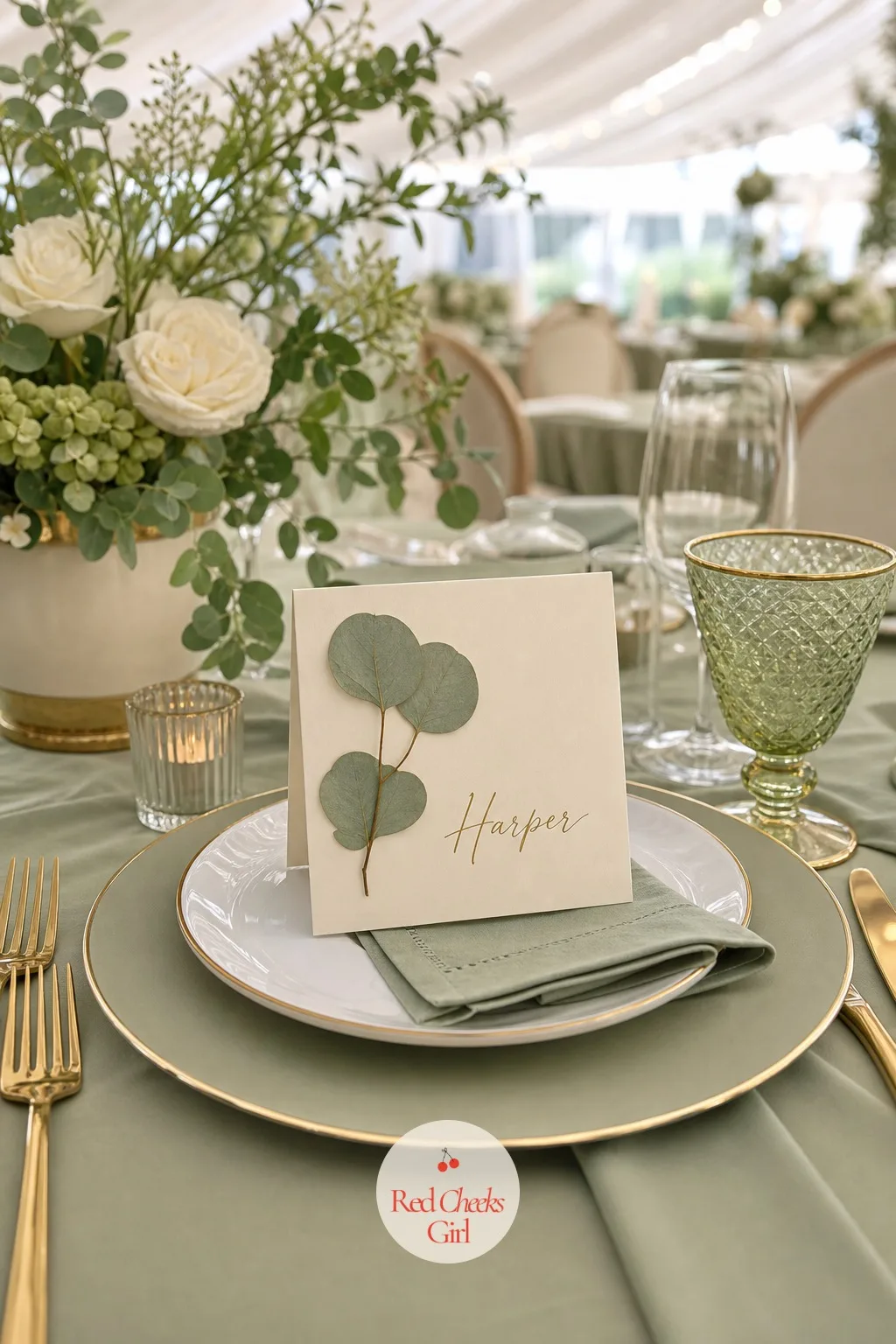 Pressed Eucalyptus Place Card — A real pressed leaf under the varnish does more for a place card than any printed border could. Sage green wedding table setting