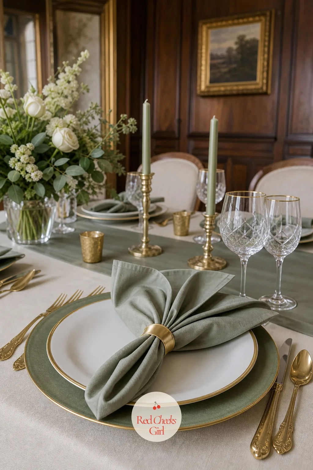 Pressed Sage Napkin With Gold Napkin Ring — A napkin ring is the smallest piece on the table and somehow the one guests notice first. Sage green wedding table