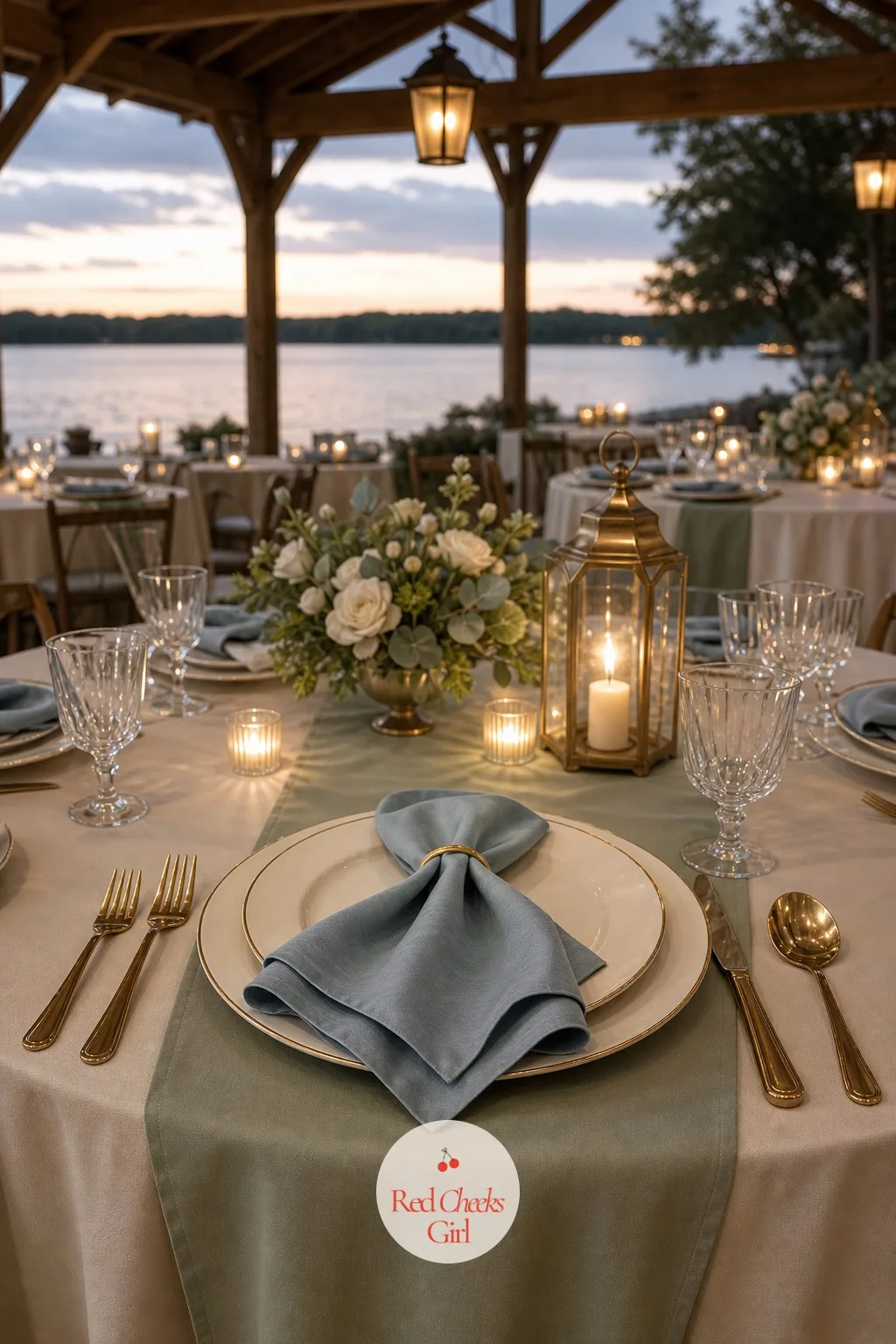 Sage and Dusty Blue — This pairing reads older and quieter than sage and blush, closer to watercolor than garden party. Sage green wedding table setting