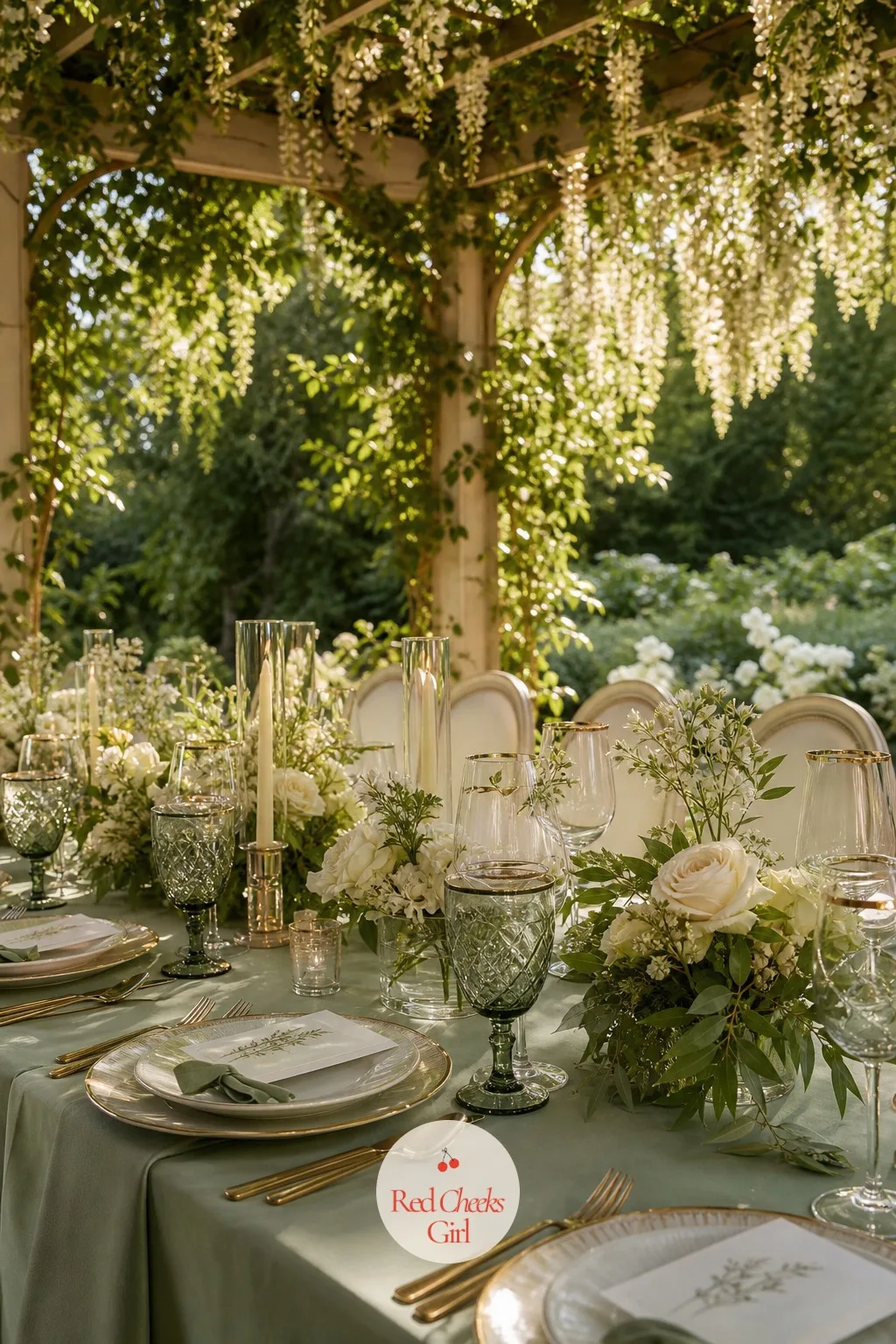 Sage Glassware — Clear water glasses do their job and nothing more; tinted sage ones make the whole table look considered. Sage green wedding table setting