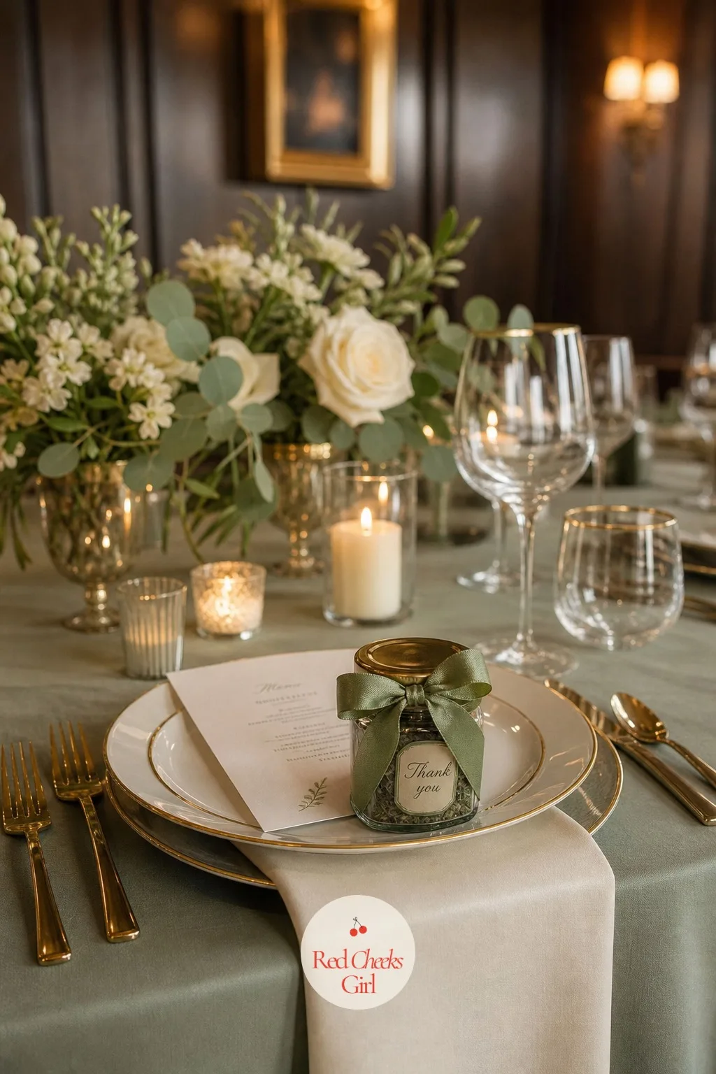 Sage Ribbon-Tied Favor at Each Setting — A favor only earns its spot on the table if it looks like it belongs there rather than something bought separately and
