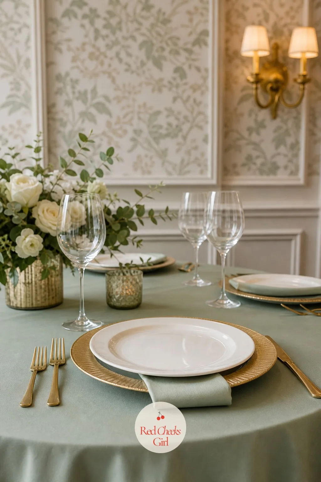 Sage Satin Tablecloth With Gold-Rimmed Charger — Satin has a quiet shine that cotton does not, and against gold it looks considerably more expensive than it