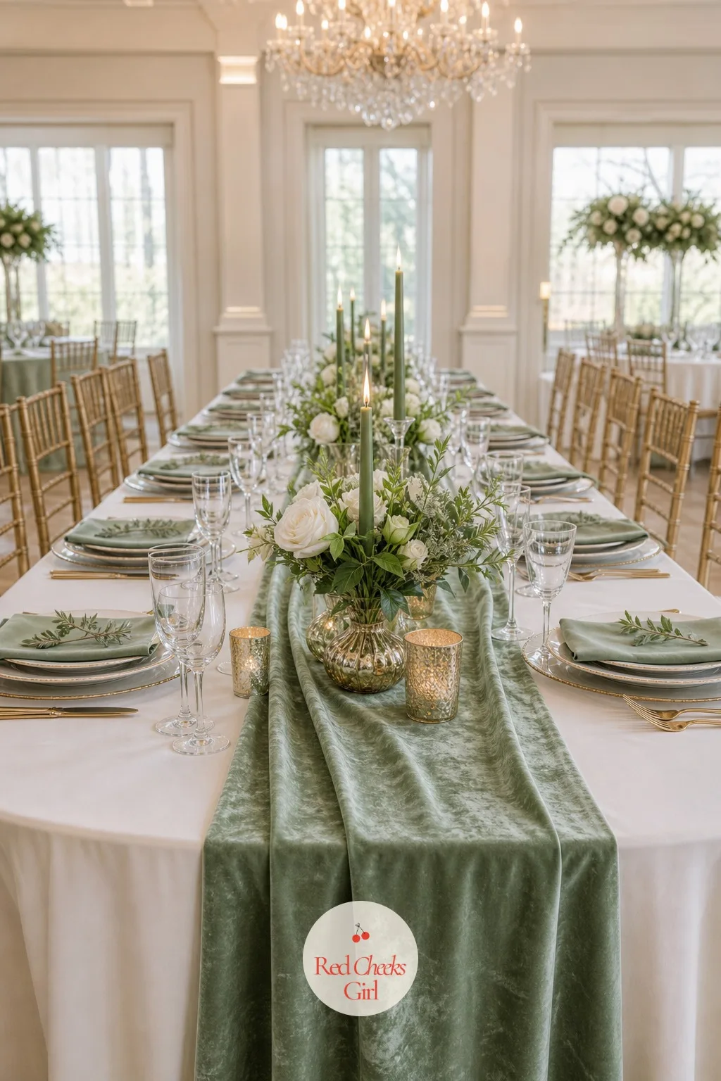 Sage Velvet Runner — Velvet changes the temperature of a table before anyone sits down. Sage green wedding table setting